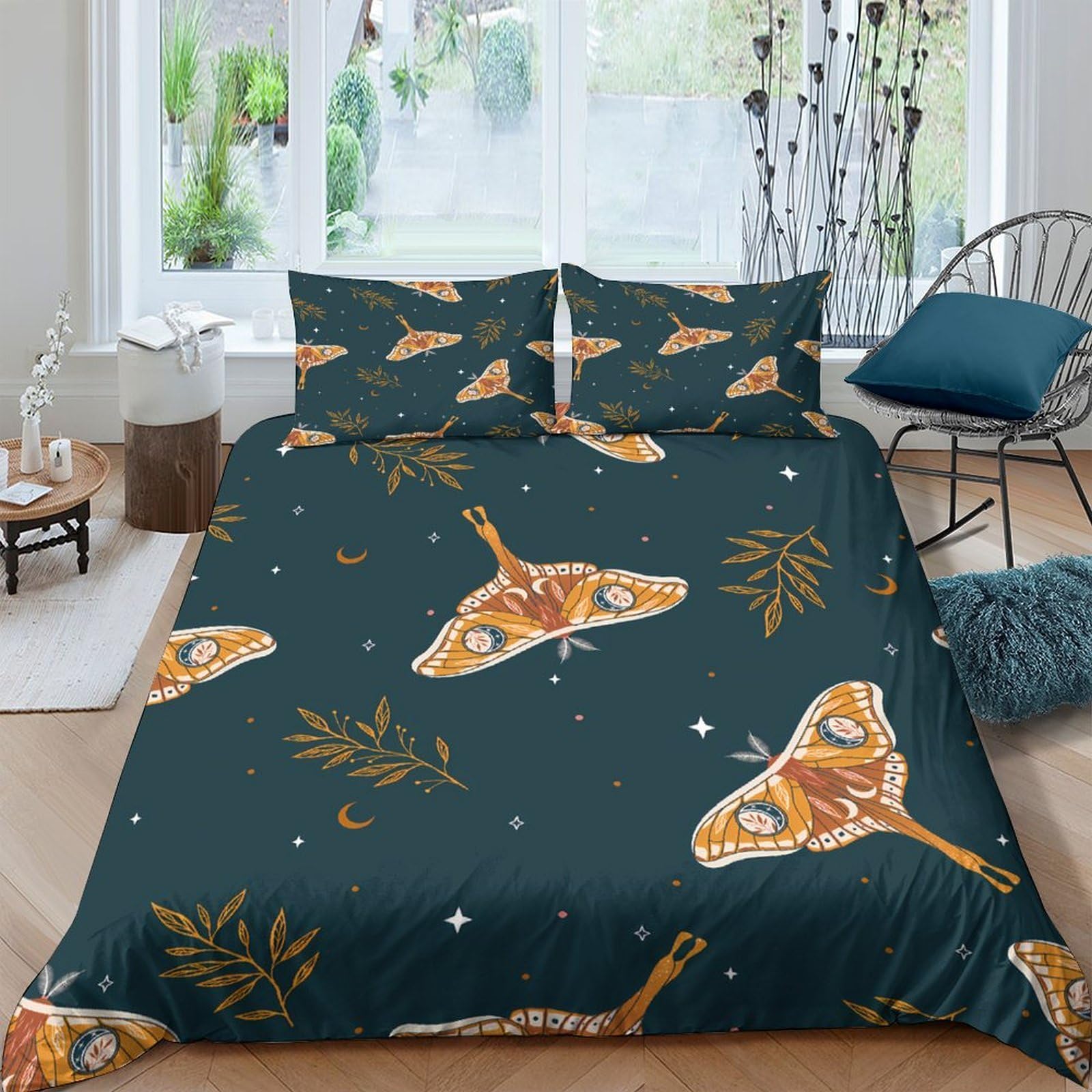 Ctjqhvkz Style-6 3D Printed Moth Botanical Fitted Sheet Microfiber Soft Dark Green Bed Cover For Bedroom Guest Room Decor Mattress Protection Single（135X200cm）