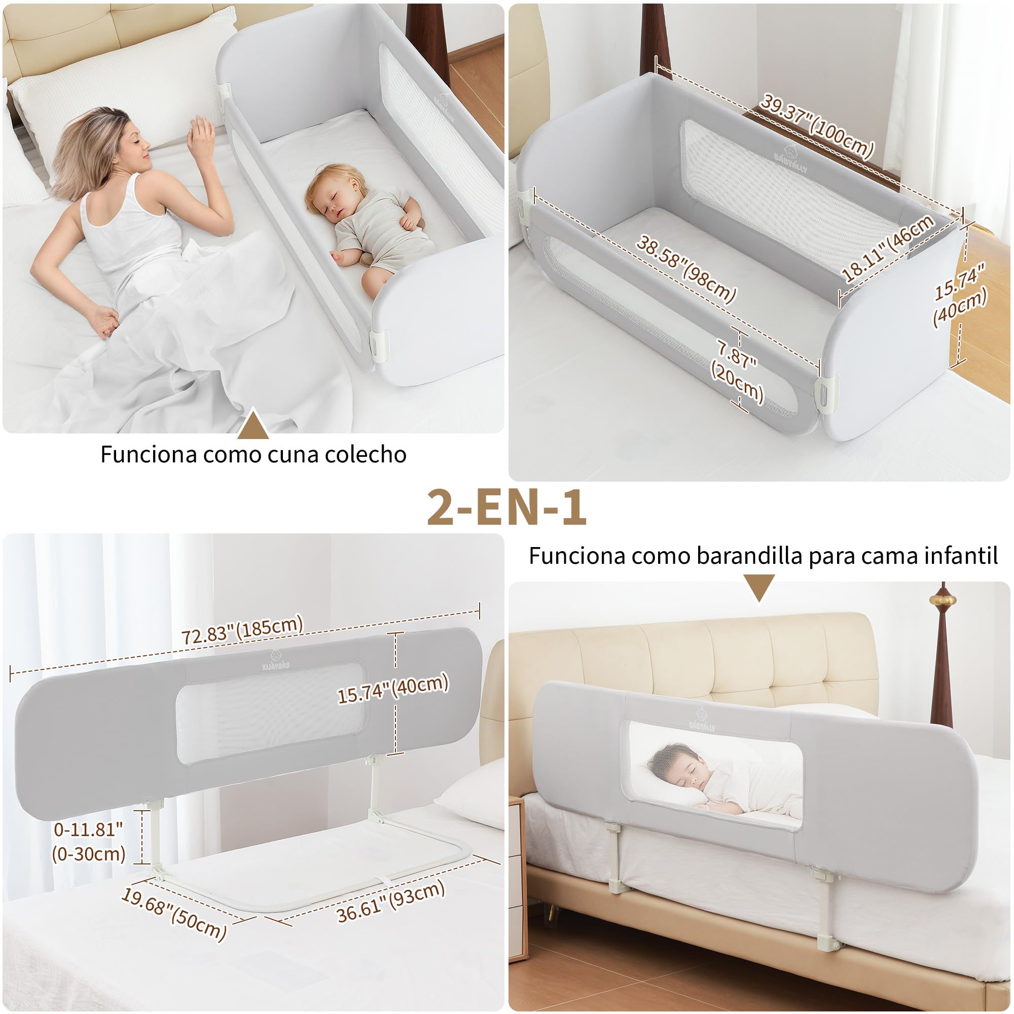 2 en 1 Barrera de Cama Abatible 185cm, Cuna Colecho con Bolsa de Transporte Viaje para Viajar o Vacaciones - Sin instalación, Fácil de Transportar - Gris