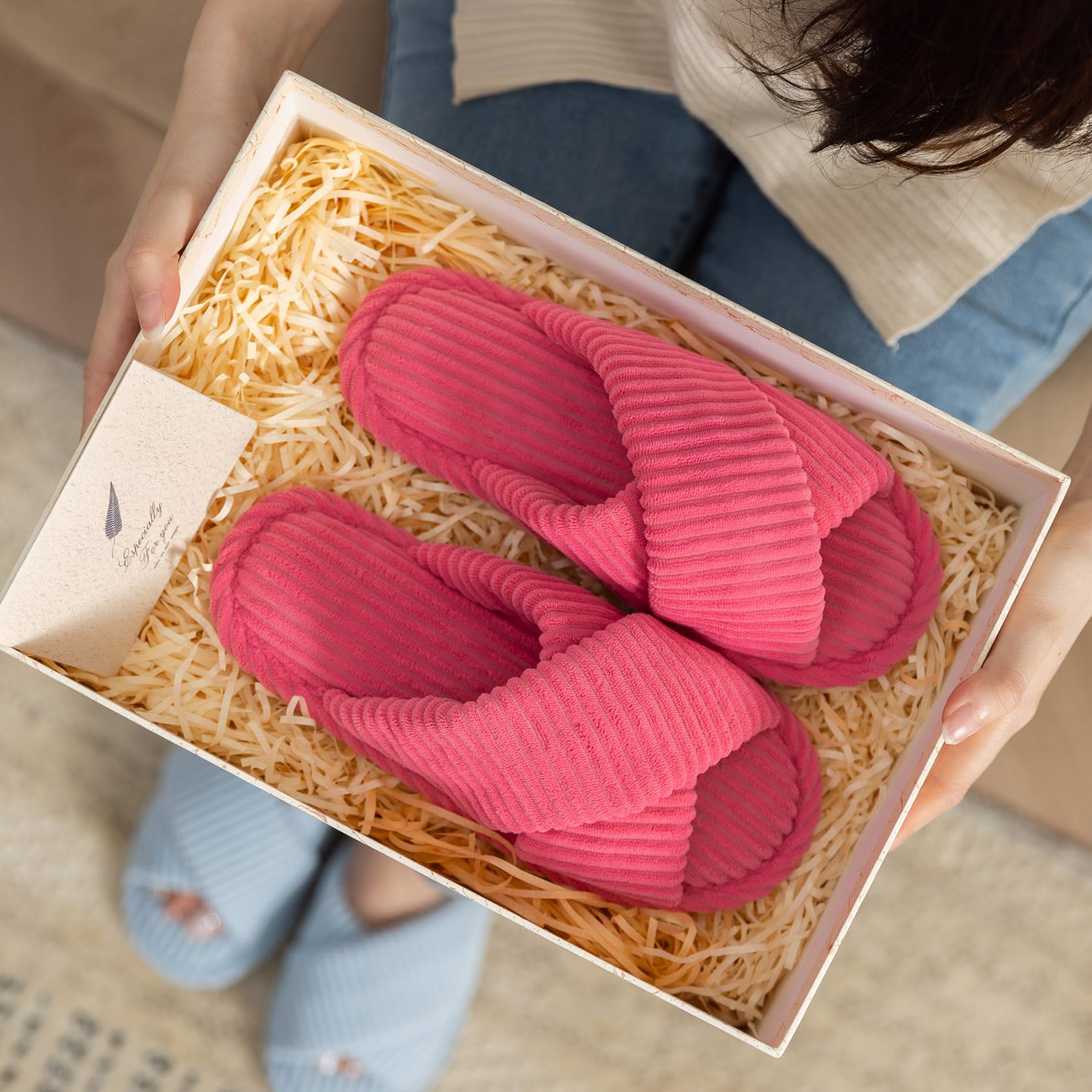 GOEWY Pantofole Donna con Memory Foam, Ciabatte in Velluto a Coste per Casa, Punta Aperta e Fiocco Incrociato, Suola Antiscivolo. Regalo Comodo e Alla Moda per Lei