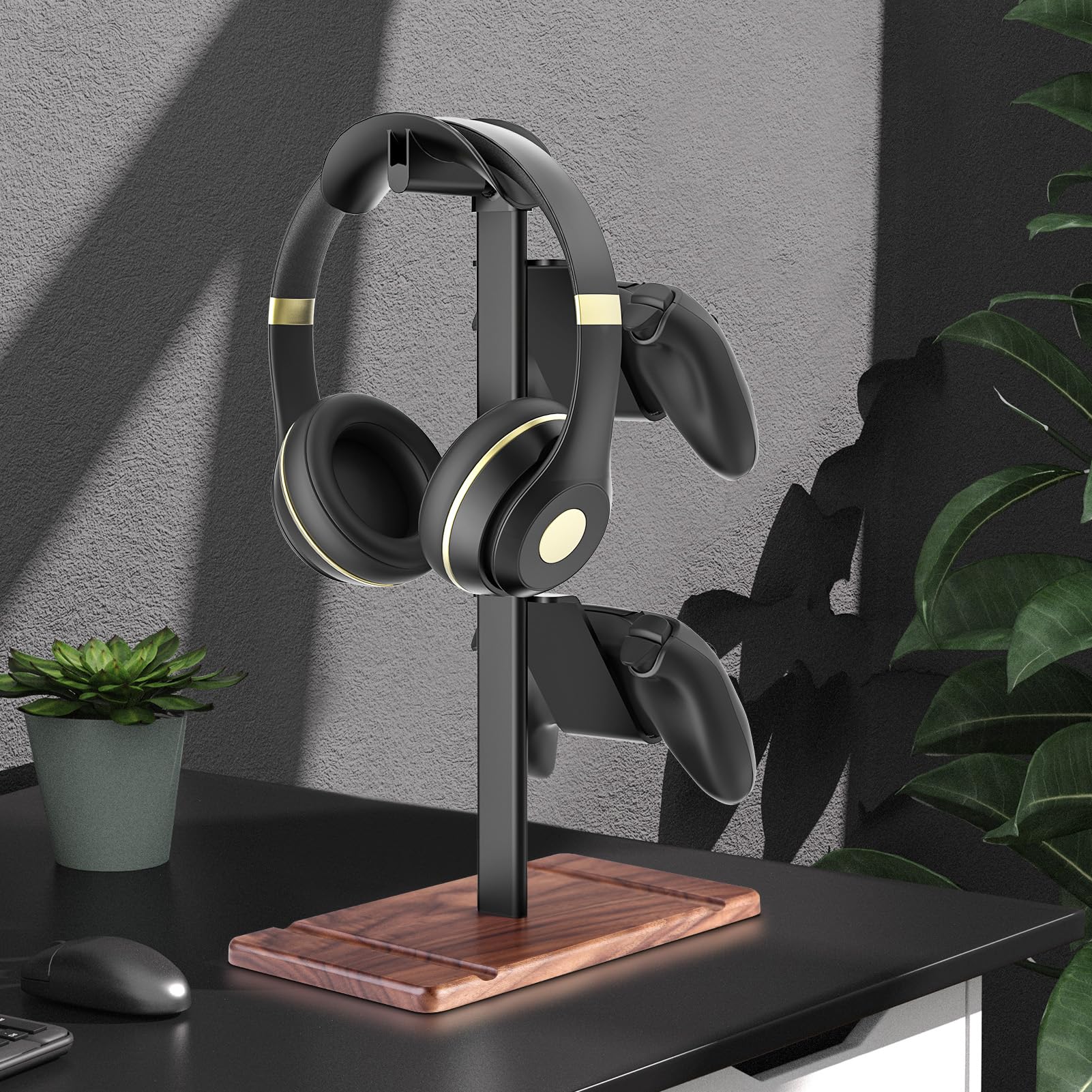 Support Manette, Support Casque en Bois de Noyer, Gamer Porte Manette pour Xbox PS5 PS4 Switch, Headset Stand, Accessoire Bureau Gaming