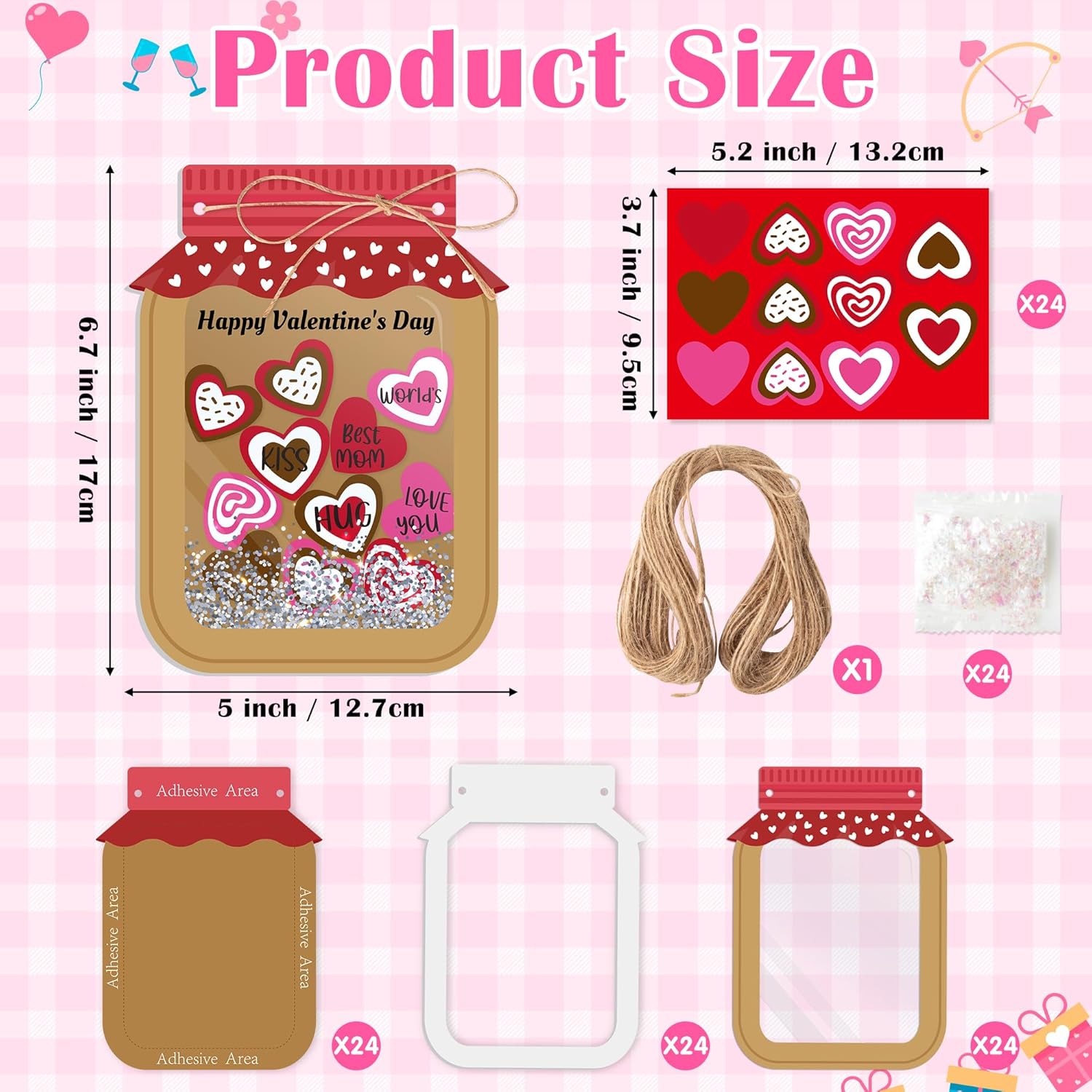 WATINC Valentine's Day Candy Jar Craft Kit - DIY EVA Heart Mason Jar with Glitter & Sequins, Thankful Sweet Candy Jar Decor for Valentine Art Party, Fun Art Projects (24 Pcs)