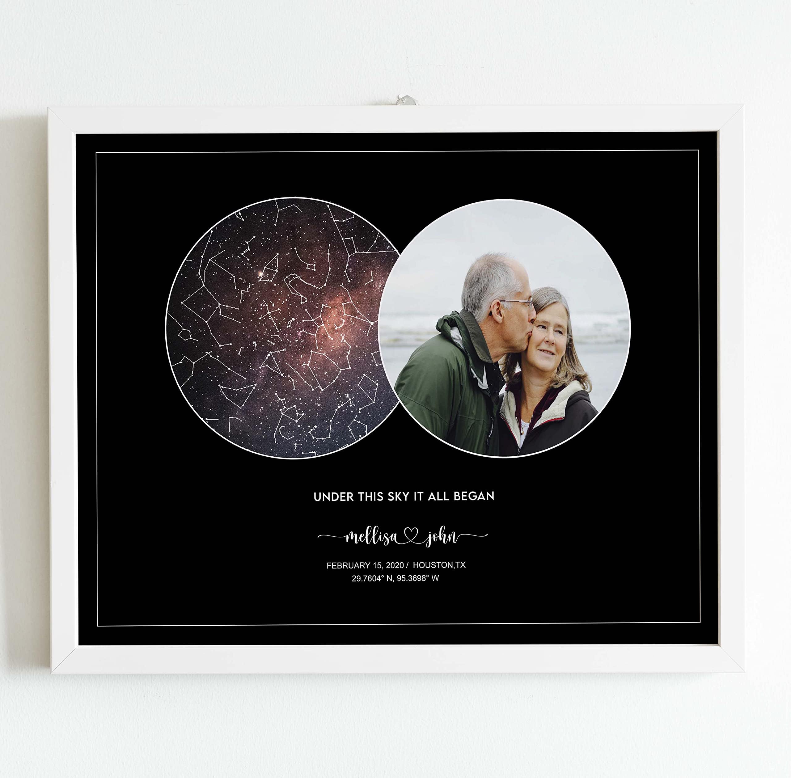 Good Vibes- Star Map With Photo Frame, Night Sky Print, Constellation Chart, Customized Gift for Couple, Anniversary, Birthday, Night It All Began (5x7 inches, WHITE FRAME)