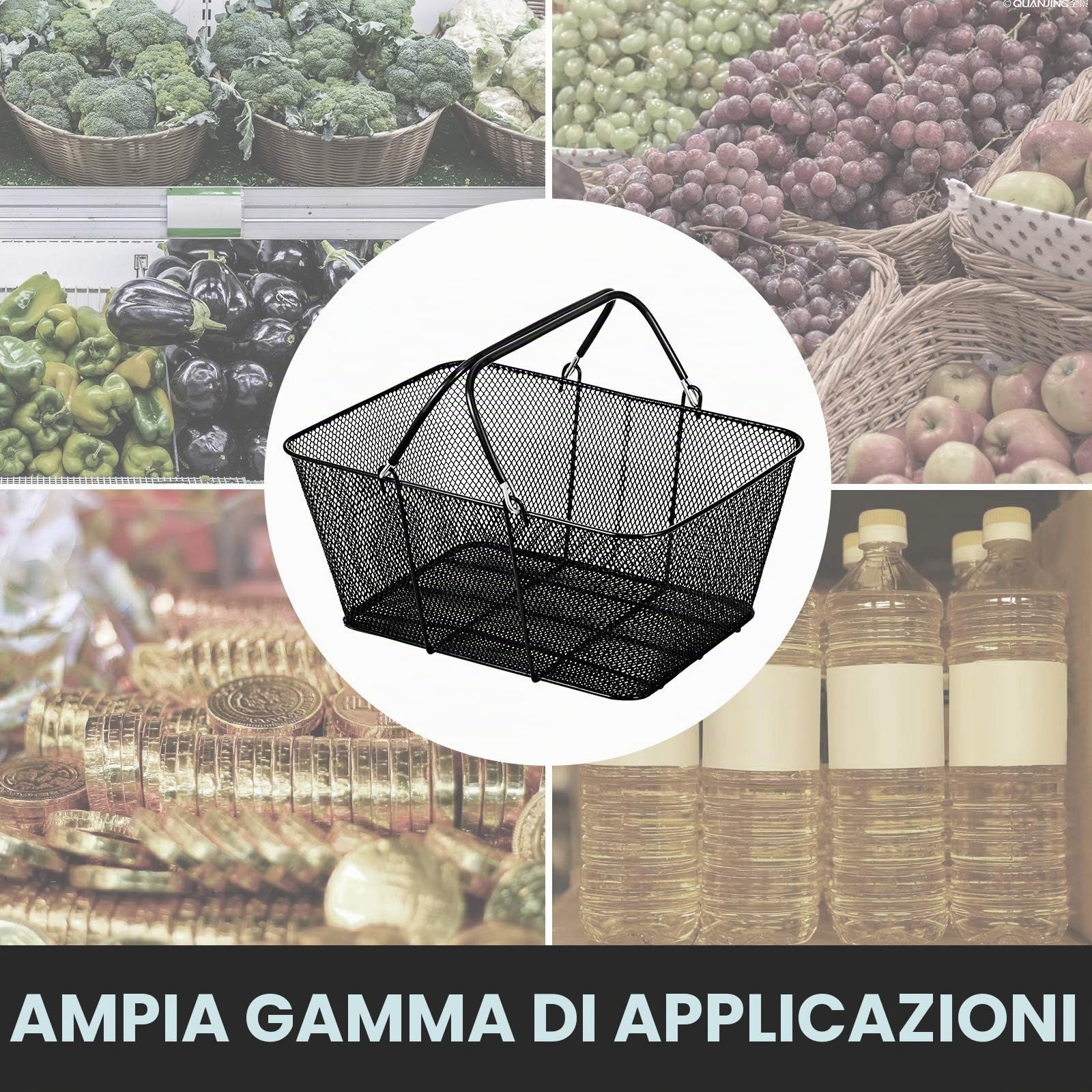 VEVOR 12 cestini per la spesa con manici, cestino per la spesa in metallo nero portatile, in rete metallica per supermercati, nero
