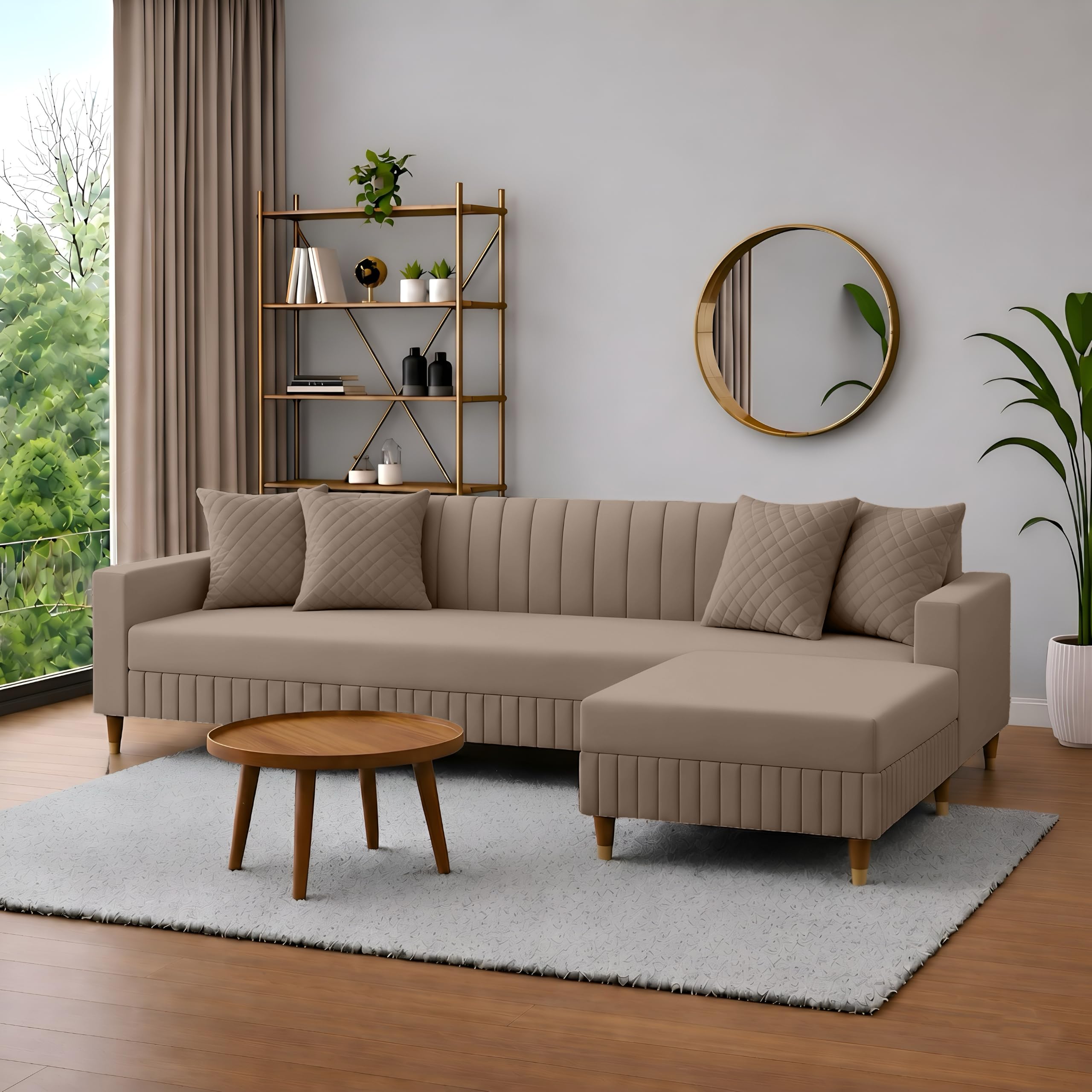 AMATA Omega Solid Wood 4 Seater L Shape Camel Suede Velvet Fabric Sofa Set with Two Cushions Perfect for Home Office Guests Living Room (Camel 04, Omega L Shape 4 Seater)(3 Years Warranty)-image-44