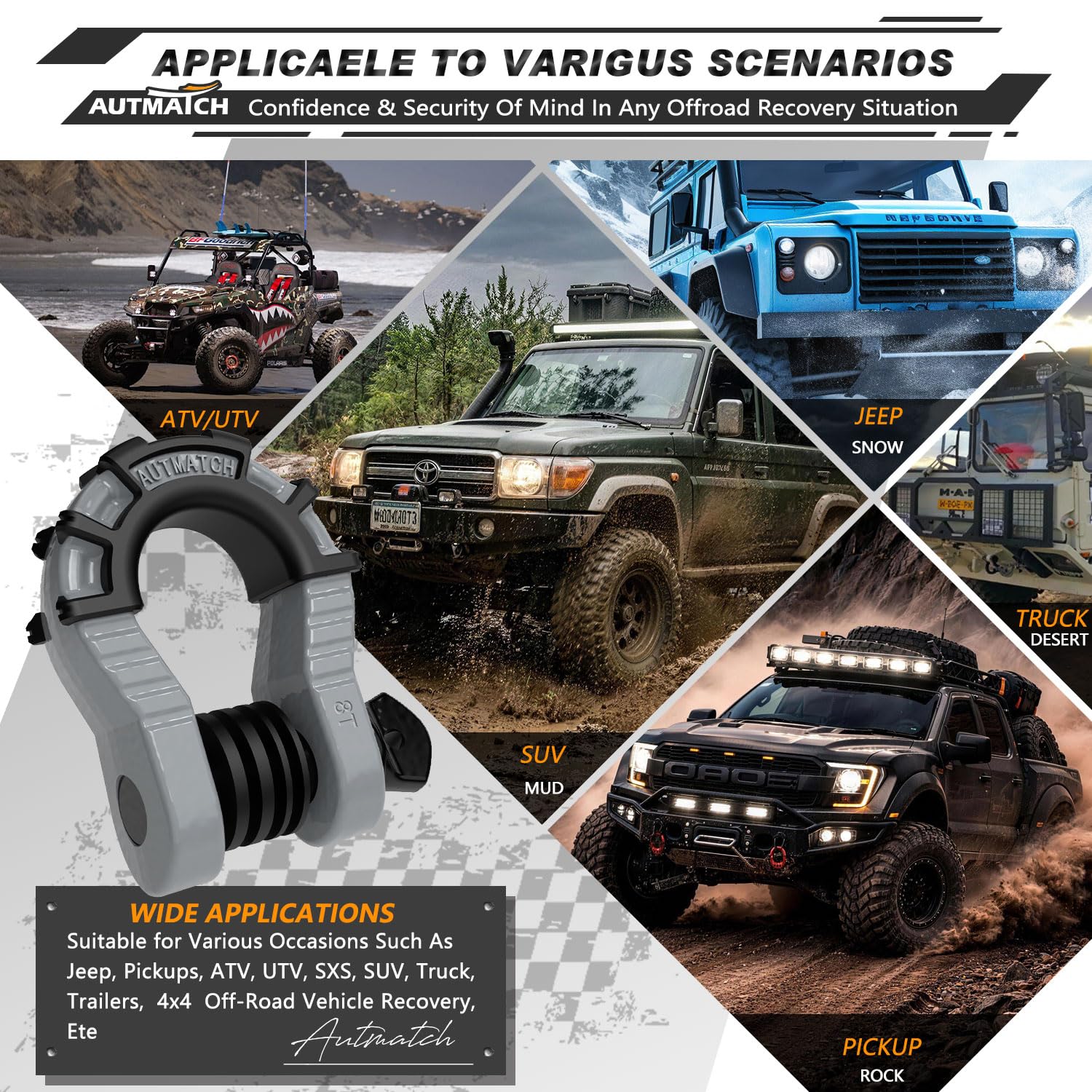 AUTMATCH Grilli ad anello a D da 3/4" (confezione da 2) 68.000Ibs resistenza alla rottura con perno a vite da 7/8" e isolatore e rondelle per cinghia di traino argano recupero fuoristrada grigio e