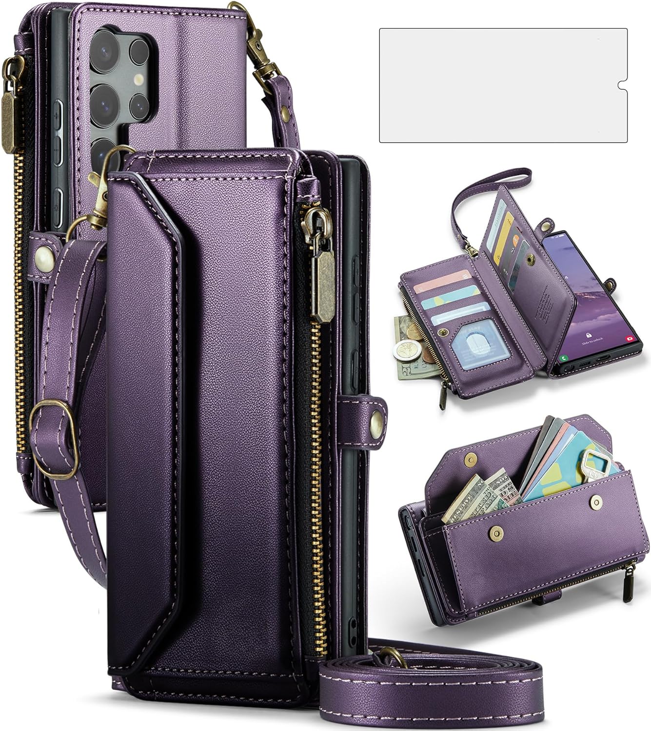 Asuwish Phone Case for Samsung Galaxy S25 Ultra 5G Zipper Wallet Cover with Tempered Glass Screen Protector and Flip RFID Blocking Credit Card Holder Cell S25Ultra 25S S 25 25Ultra Women Girls Purple