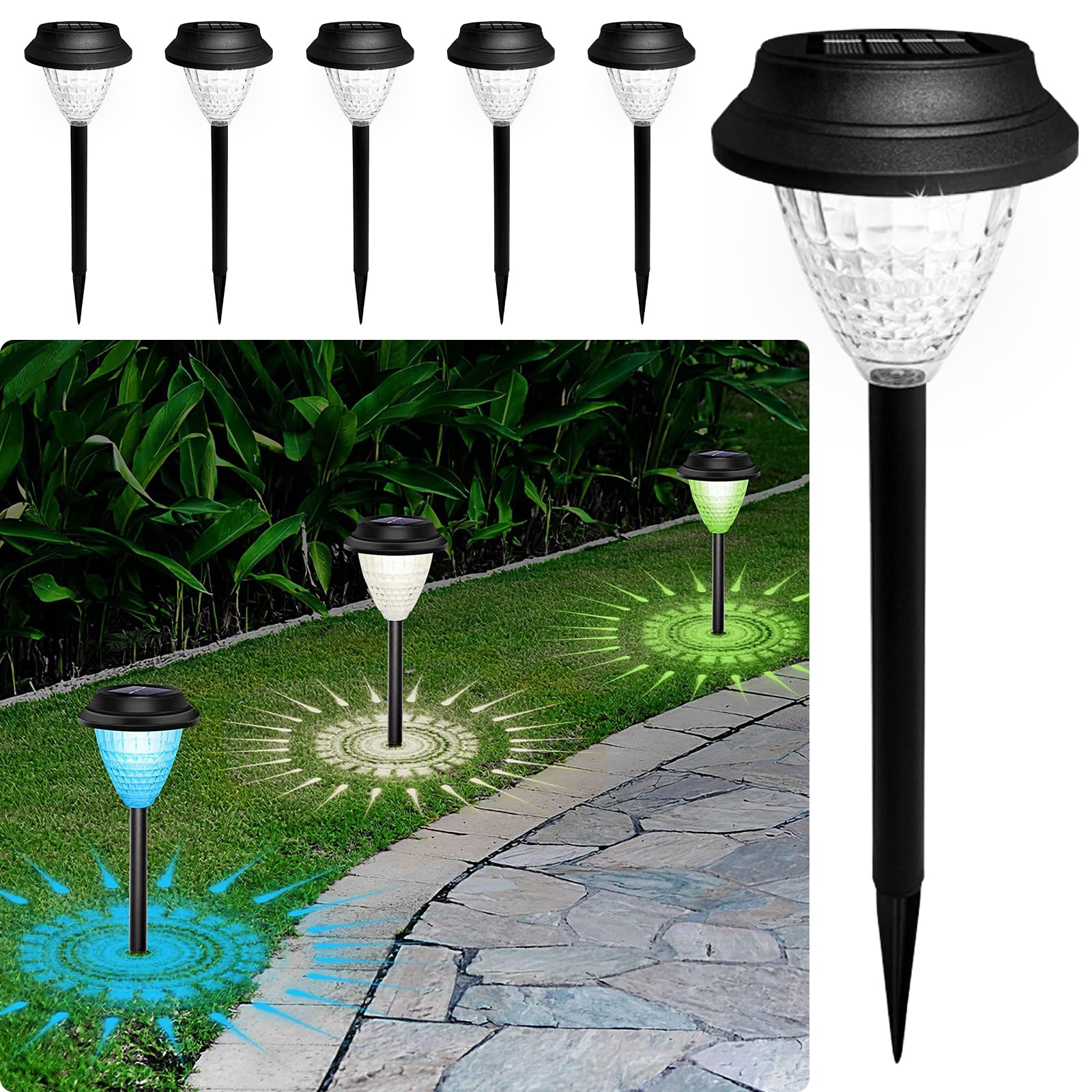 YAPJOY Solar Garden Lights, 6 Pack Solar Stake Light with White & RGB, Auto-turn on/off LED Lights, Outdoor Waterproof Ground Light, Pathway Lighting for Yard, Patio, Landscape, Walkway, Path