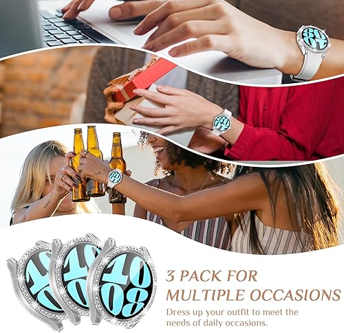 Miniatura 7 de Goton Paquete de 3 fundas brillantes para Samsung Galaxy Watch 6, protector de pantalla de 1.732 in, vidrio templado con purpurina de diamante para