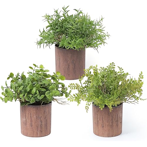 Ioovelo Set of 3 Artificial Small Indoor Plants in Wood Color Pots for Table Centerpiece Windowsill Shelf Decor 7"