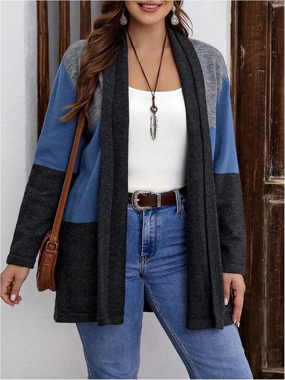 SOLY HUX Women's Plus Size Color Block Cardigan Sweater Open Front Long Sleeve Knit Casual Cardigans - Image 4