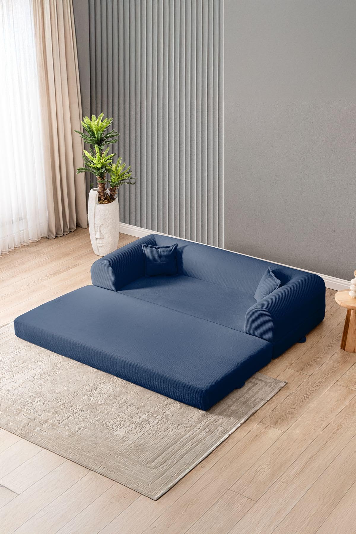Sofá Cama de 3 plazas, Azul Marino, 190 cm, 100% Tejido de Felpa Acanalada, Funda extraíble, Apta para Mascotas, 2 Almohadas Incluidas