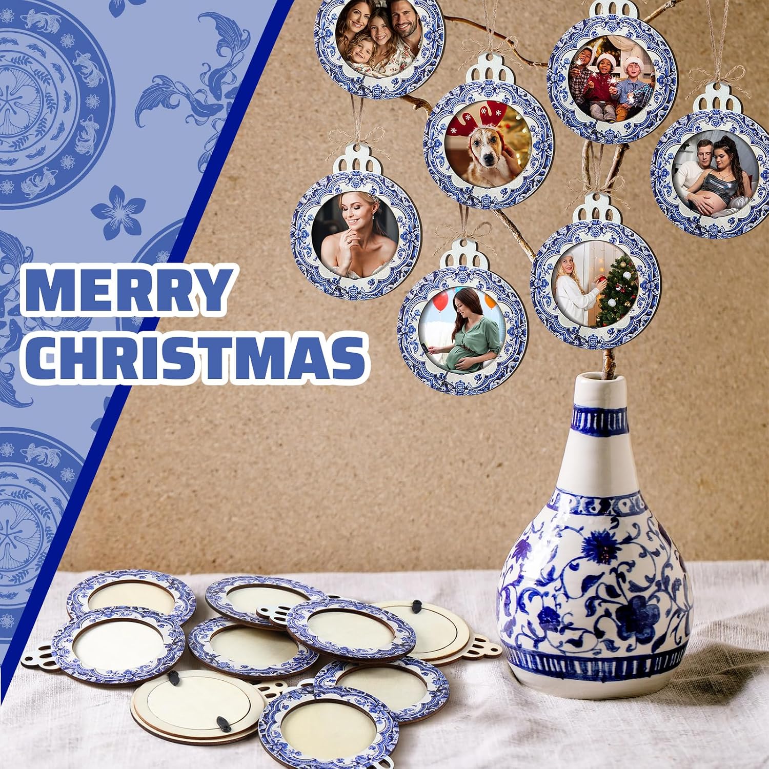 Blulu 24 Pcs Christmas Pictures Frame Ornaments Bulk Blue and White Chinoiserie Photo Frames Ornaments Wooden Blue Christmas to Put Pictures in Stocking Stuffers image 4