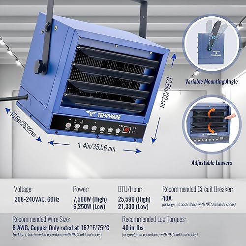 Miniatura 3 de Calentador eléctrico de garaje de 7500 W, 240 V con cableado digital de montaje en techo con ventilador forzado con control remoto de función