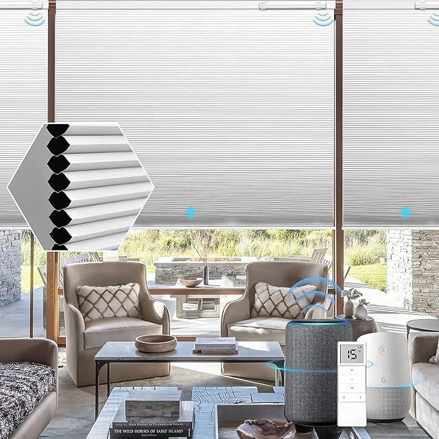 Graywind Motorized 100% Blackout Single Cell Cellular Shades Compatible with Alexa Cordless Remote Thermal Insulated Smart Shade with Valance, Customized Size (White)