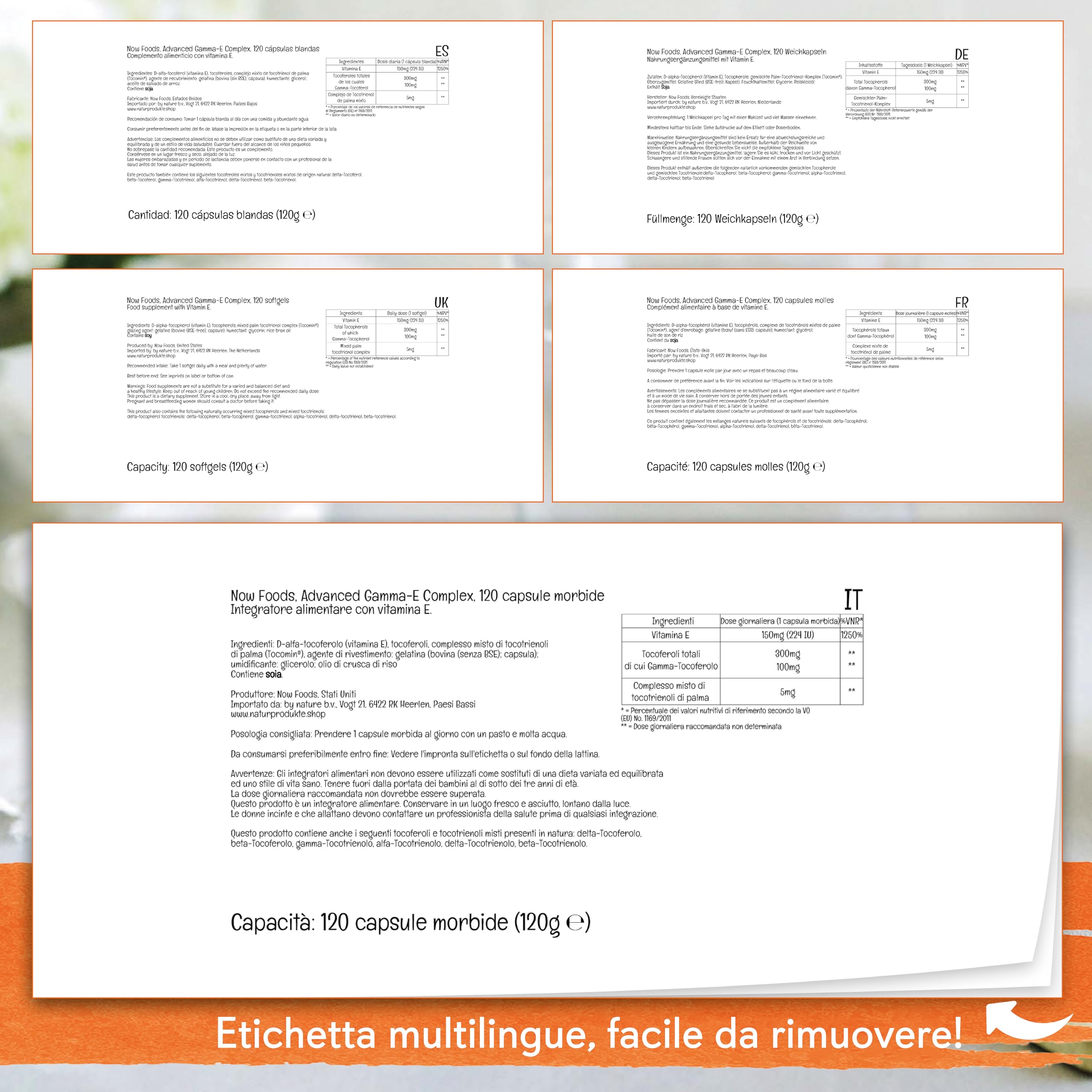 Now Foods, Advanced Gamma-E-Complex, 120 Softgels, Testato in Laboratorio, Vitamina E, Senza Glutine, non OGM