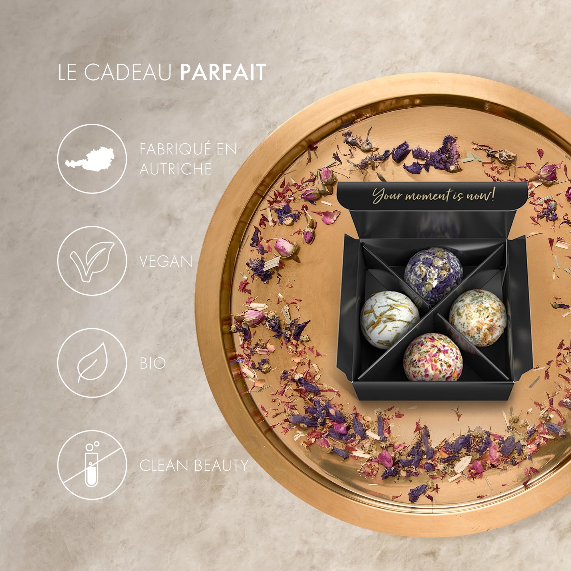 Satin Naturel Coffret 4 Bombes de Bain BIO Luxueuses Vegan – Cadeau Bien-Être pour Femme – Boules de Bain Premium – Idée Cadeau Anniversaire pour Elle – Naturcosmétique