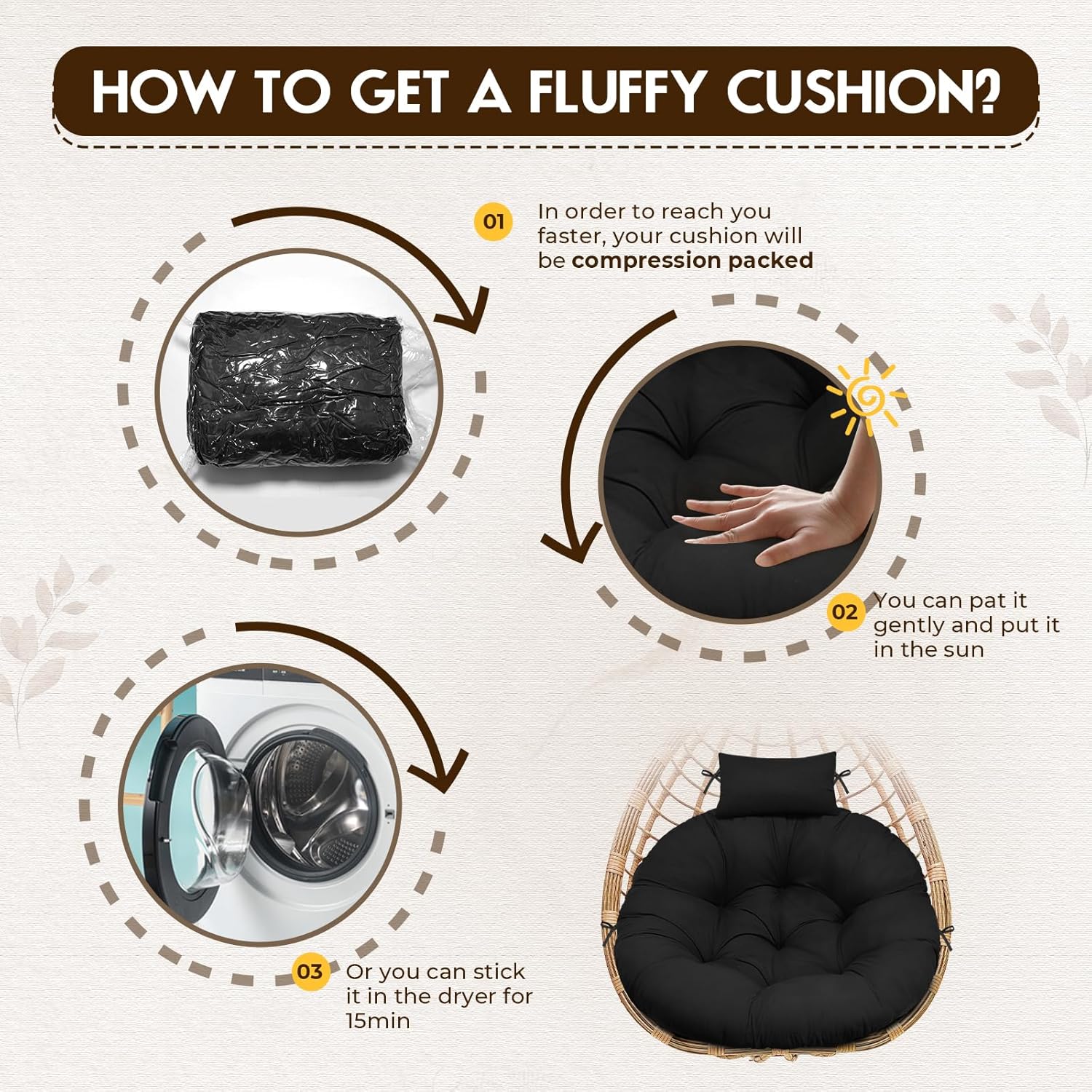 Round Egg Chair Cushion Outdoor, Waterproof Thicken Replacement Round Hanging Egg Swing Chair Cushion with Pillow, Wicker Rattan Hammock Basket Cushion for Outdoor Furniture. 45x45x5 inch,Black