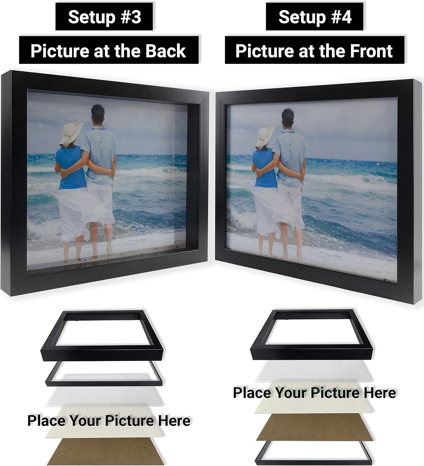 Large Shadow Box, Thick Black Frame | 2 Background Options, Black Felt or Natural Linen | 13x16 ext. Size, fit Photos up to 11x14, 1.1" net Recess | UV Protection | 11 White Headed Pins are Included