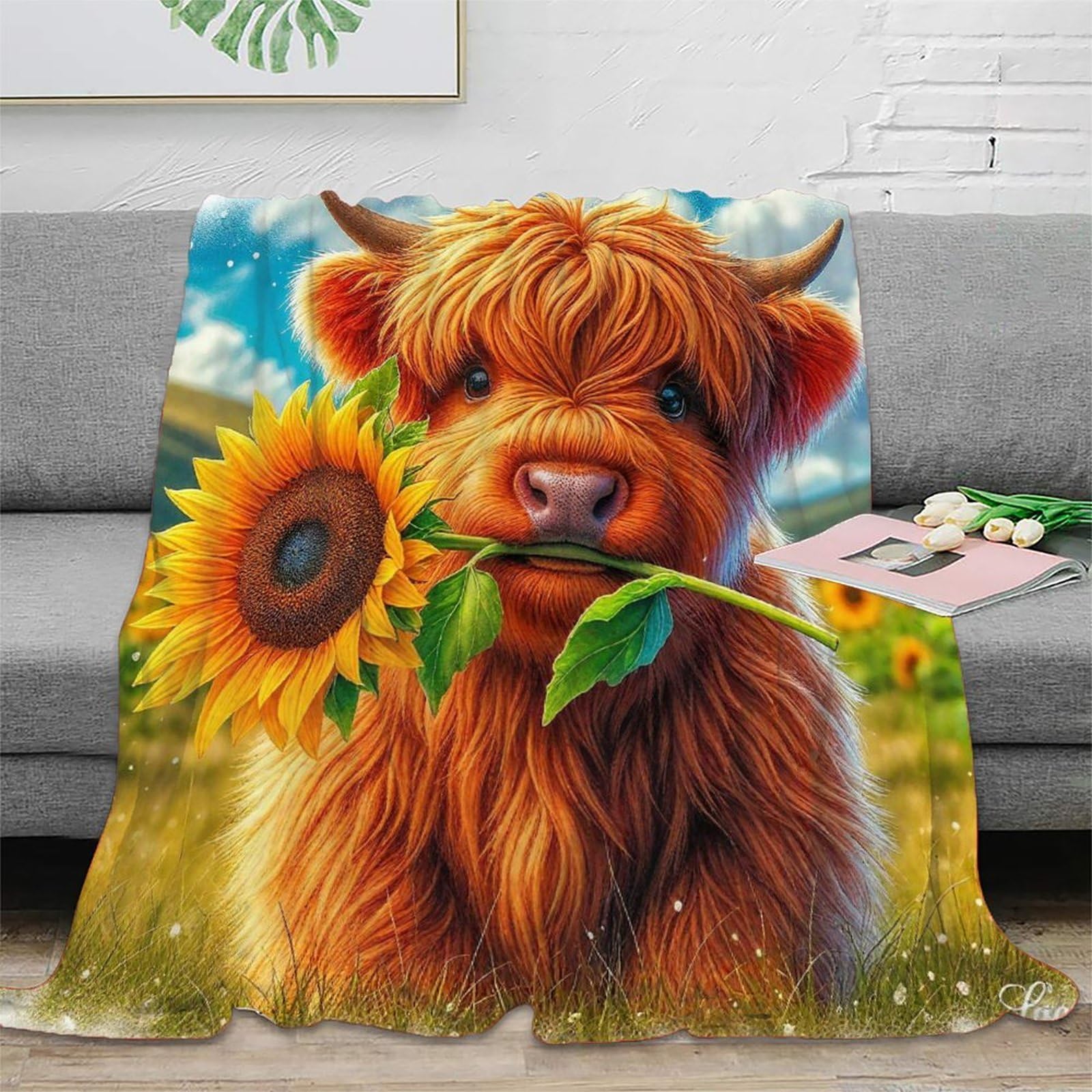 Couverture Highland Cattle en microfibre imprimée 3D plaid lit de 100x130 cm