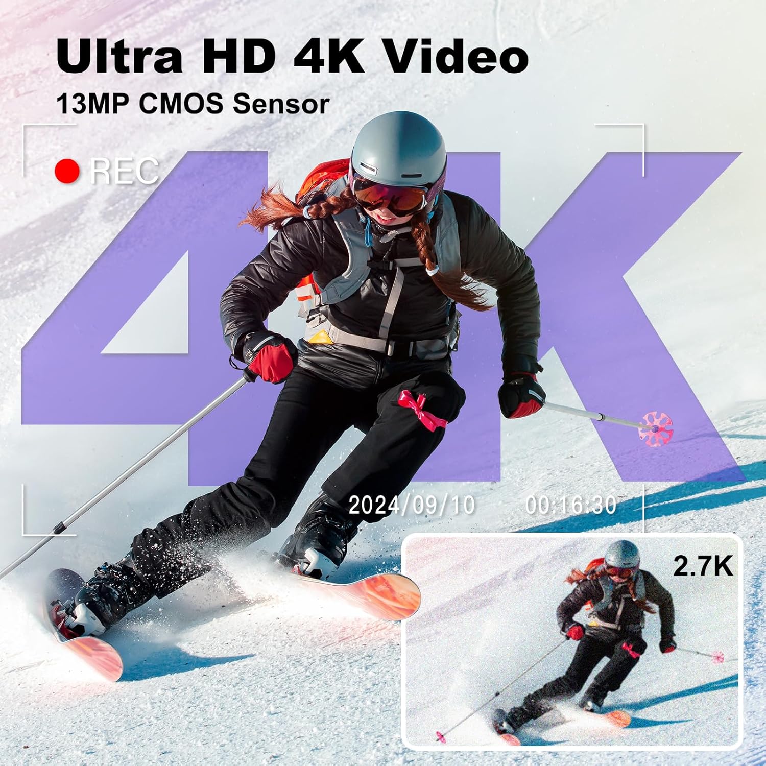 Image showing a skier with 'Ultra HD 4K Video' and '13MP CMOS Sensor' overlay, indicating video recording capabilities.