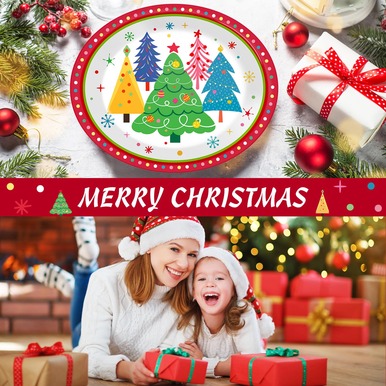 50 platos de papel ovalados coloridos para árbol de Navidad, grandes, desechables, 11icnh, con borde rojo, bandeja de platos resistente para Navidad, vacaciones, cena, fiesta de cumpleaños,