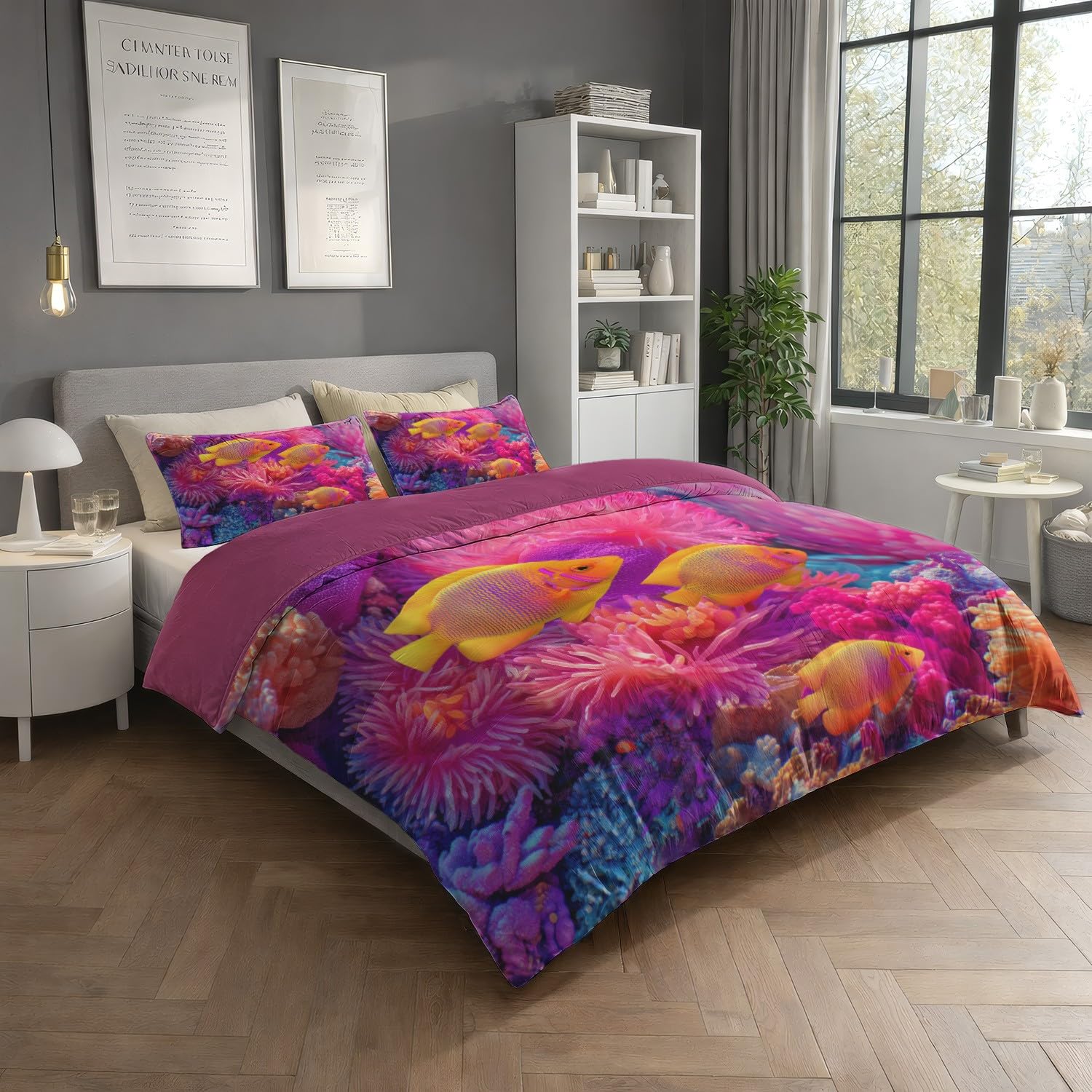 Generic Zestaw poszewek na kołdrę, żywa koral, ryba, król, 229 x 221 cm, różowa pościel fantasy, 3-częściowy zestaw, miękka mikrofibra, zestaw poszewek na kołdrę dla dzieci, dorosłych, dekoracja
