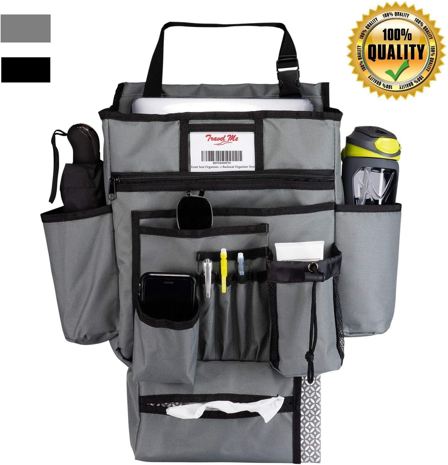 Front Seat Car Organizer - Driver Accessory - Passenger Seat Organizer w Tissue Box Holder - Thermos Bottle Holder - Laptop Tablet Protective Pocket - Waterproof