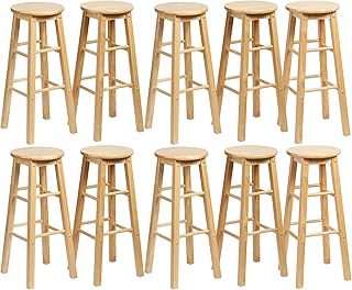 PJ Wood Classic 29" Tall Bar Stools (Set of 10) - Natural Finish, Backless Round Seat for Large Automotive Lounges