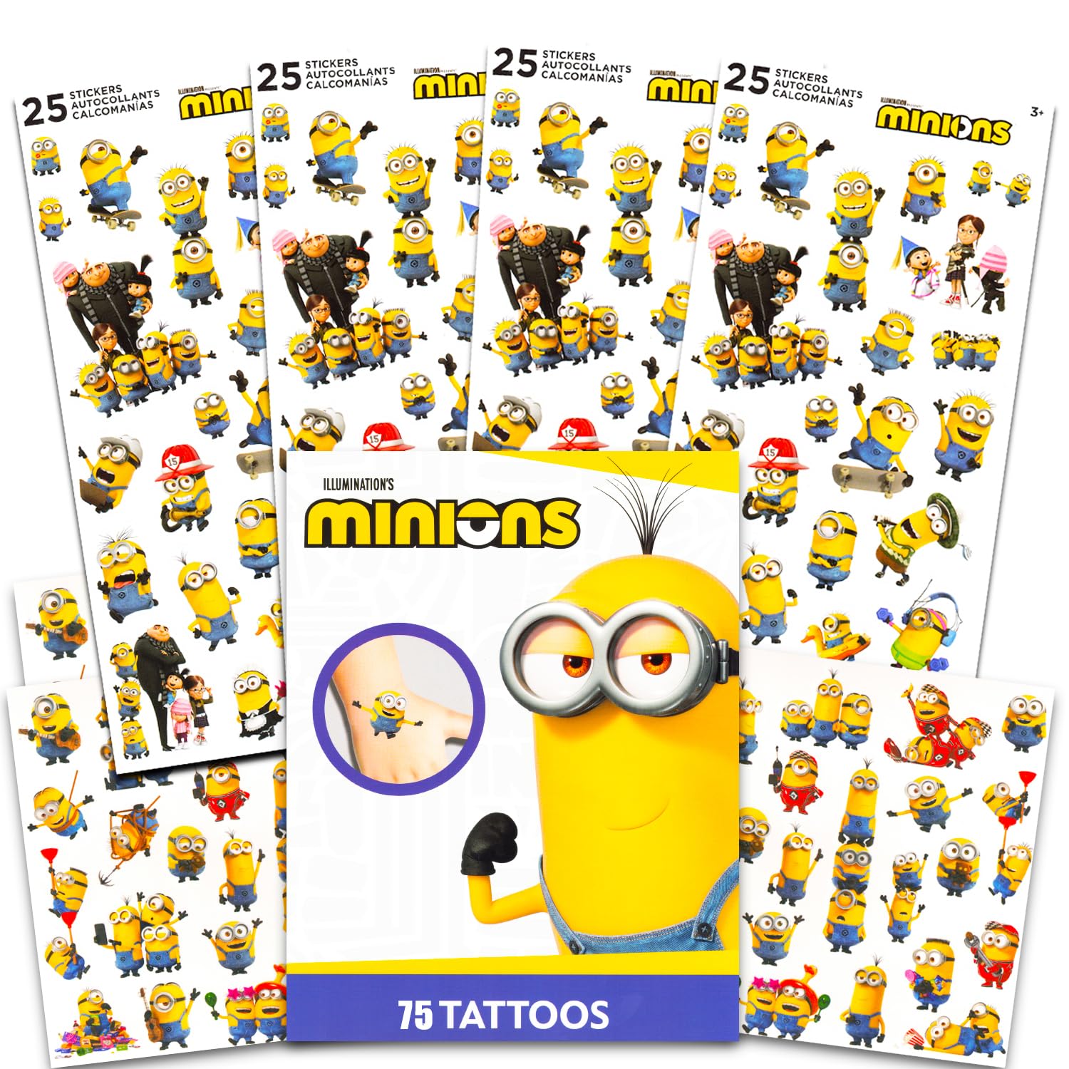 Minions Stickers and Tattoos Party Favors Bundle - 75 Minions Temporary Tattoos and 100 Minion Stickers for Kids | Despicable Me Party Favors