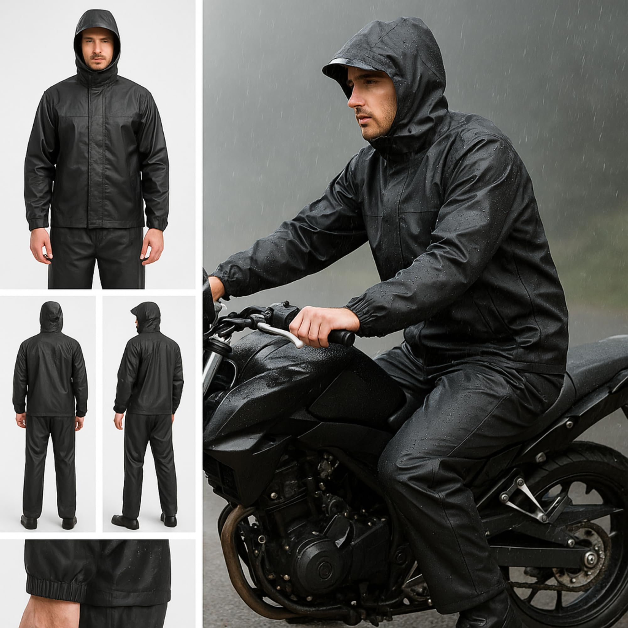 Unox Rain Coat for Men waterproof- Black XL Size Waterproof Raincoat Black with Pant Set suitable for Men, Women, Boys & Girls Adjustable Top and Bottom Rain Coat - Image 7 thumbnail