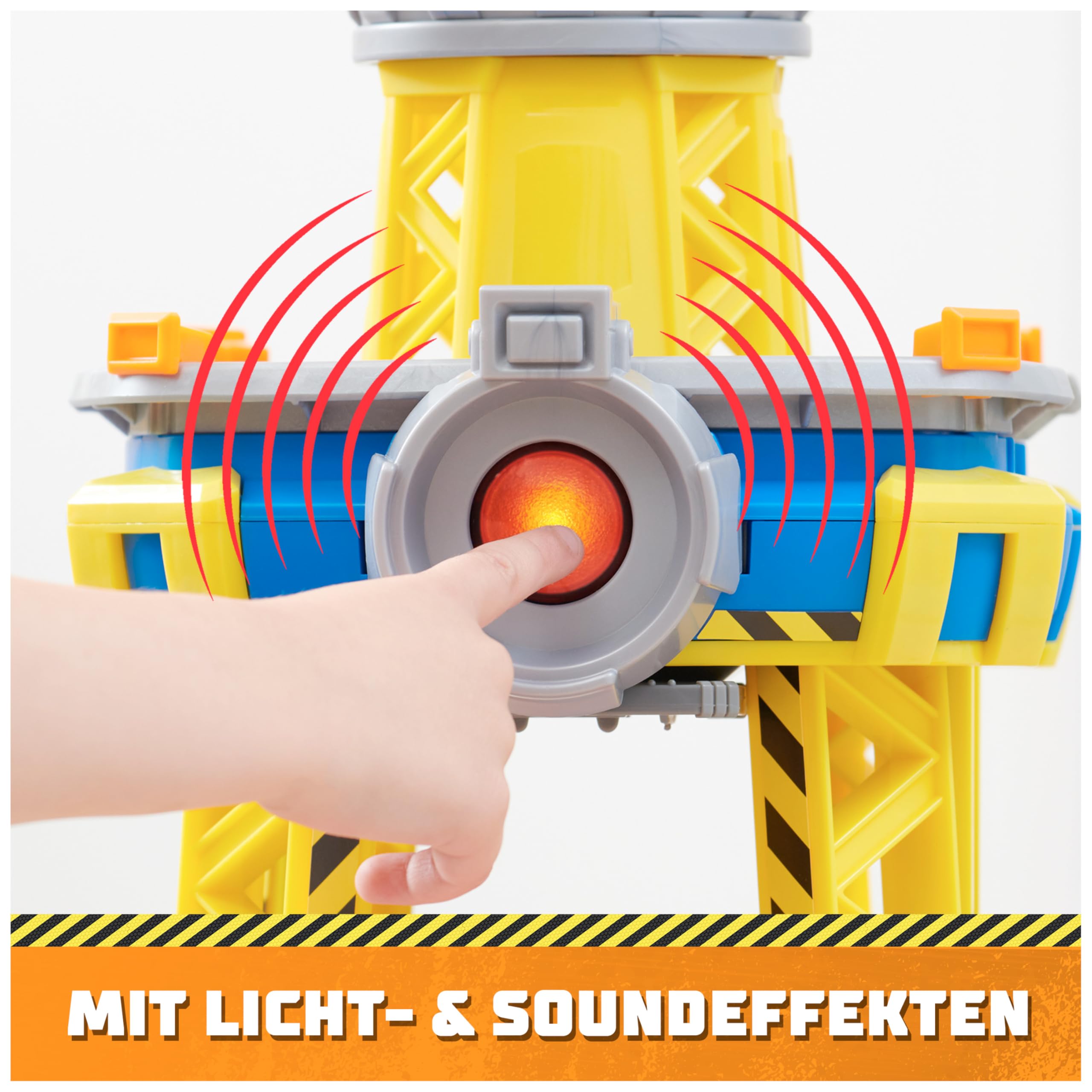 Rubble & Crew - Kran-Spielset Baupfoten Hof 68 cm, mit Rubble-Figur, Planierraupen-Fahrzeug und 340 g Build-it Kinetic Sand, Licht und Sound, ab 3 Jahren