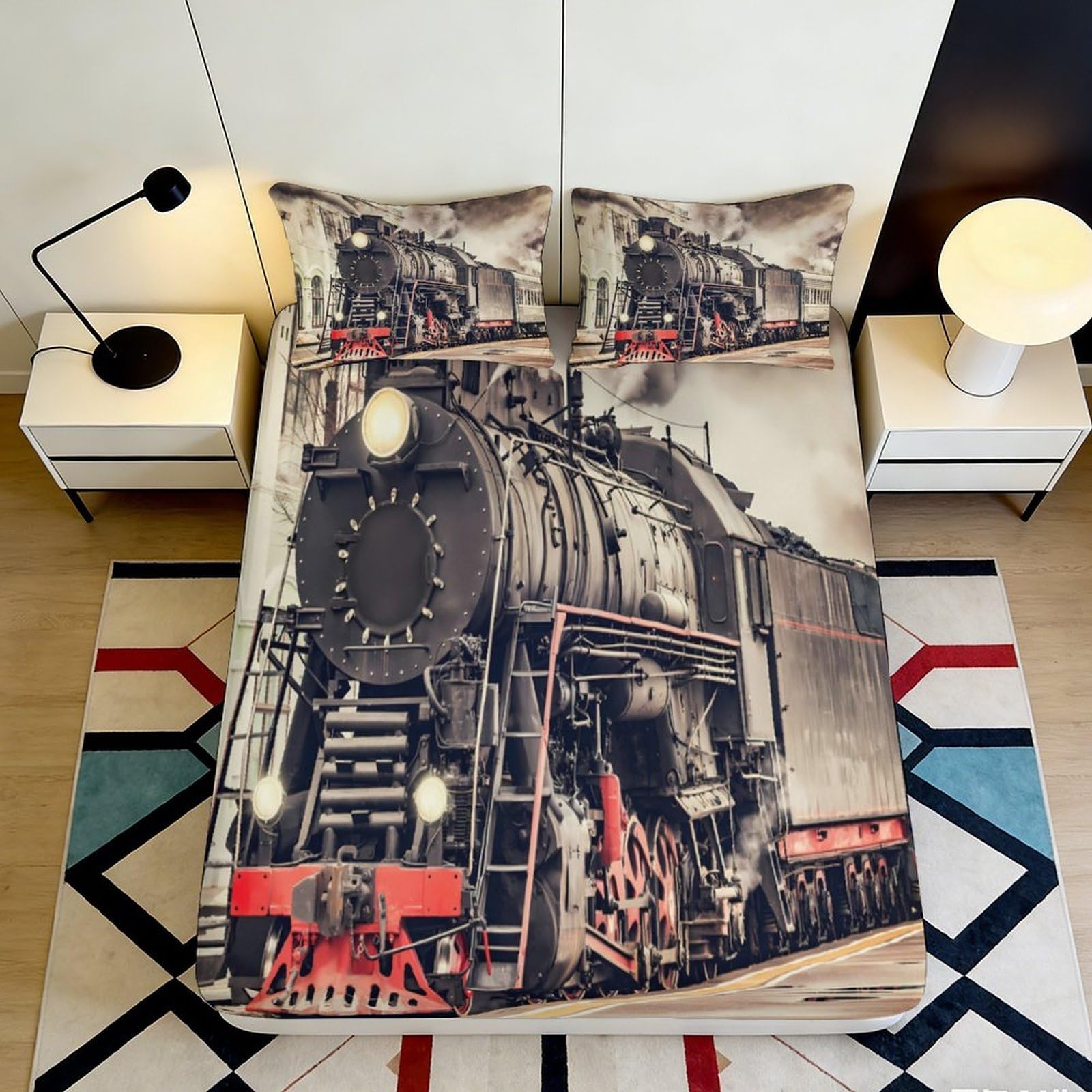 3D Printed Steam Train Fitted Sheet Microfiber Soft Anti-Slip Locomotive Mattress Cover for Bedroom Dorm Guest Room Decor 140x200x25cm