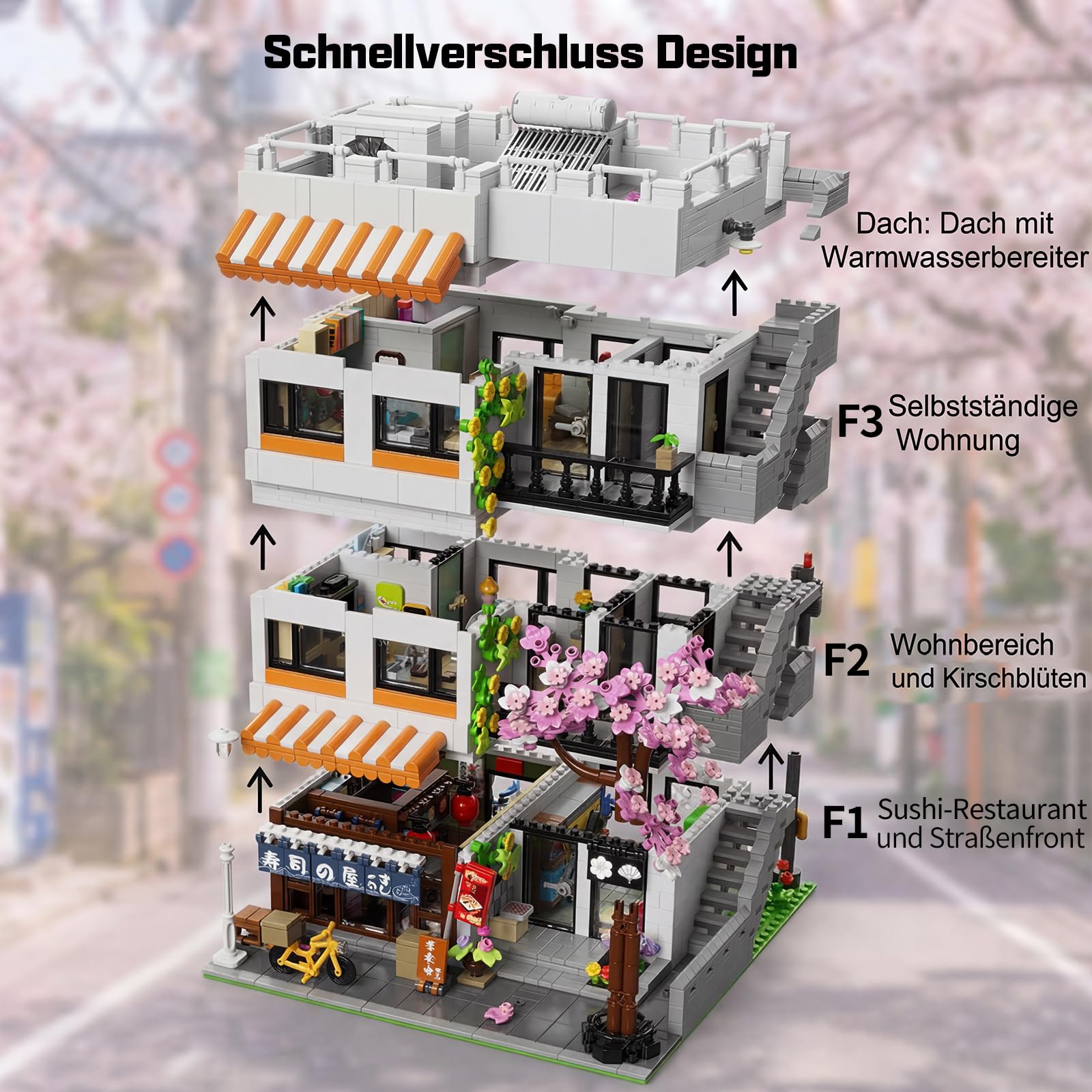 Klemmbausteine Japan Haus mit Licht & 5 Figuren - 3911 Teile Japanische Apartment & Sushi Haus Modular Building, Architektur Bausteine Set mit Kirschblüten für Erwachsene Youmko YM003