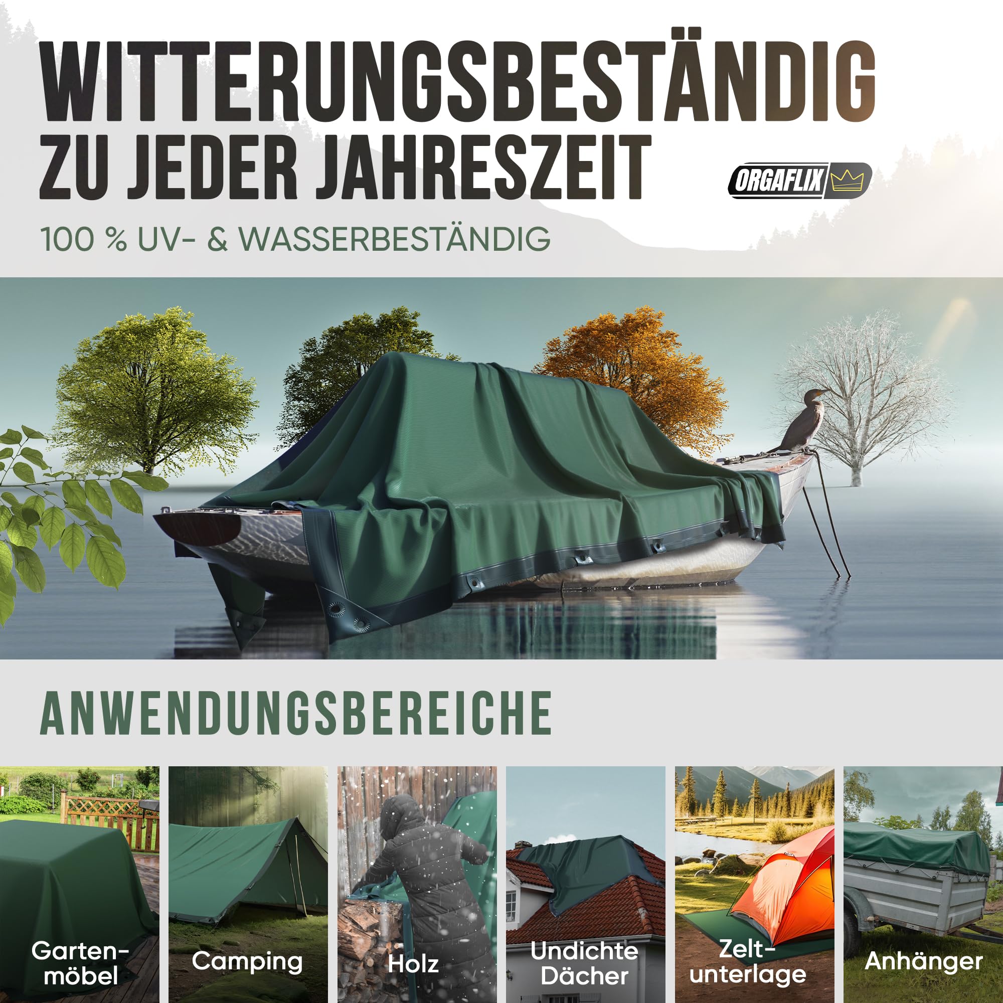 ORGAFLIX Premium Abdeckplane 1,5x6m wasserdicht & UV-beständig mit 5j. Garantie, Extrem reißfeste Plane mit 3-Fach verstärkten Ösen, Tarp, Gewebeplane vielseitig einsetzbar, Holz, Schutz, Camping