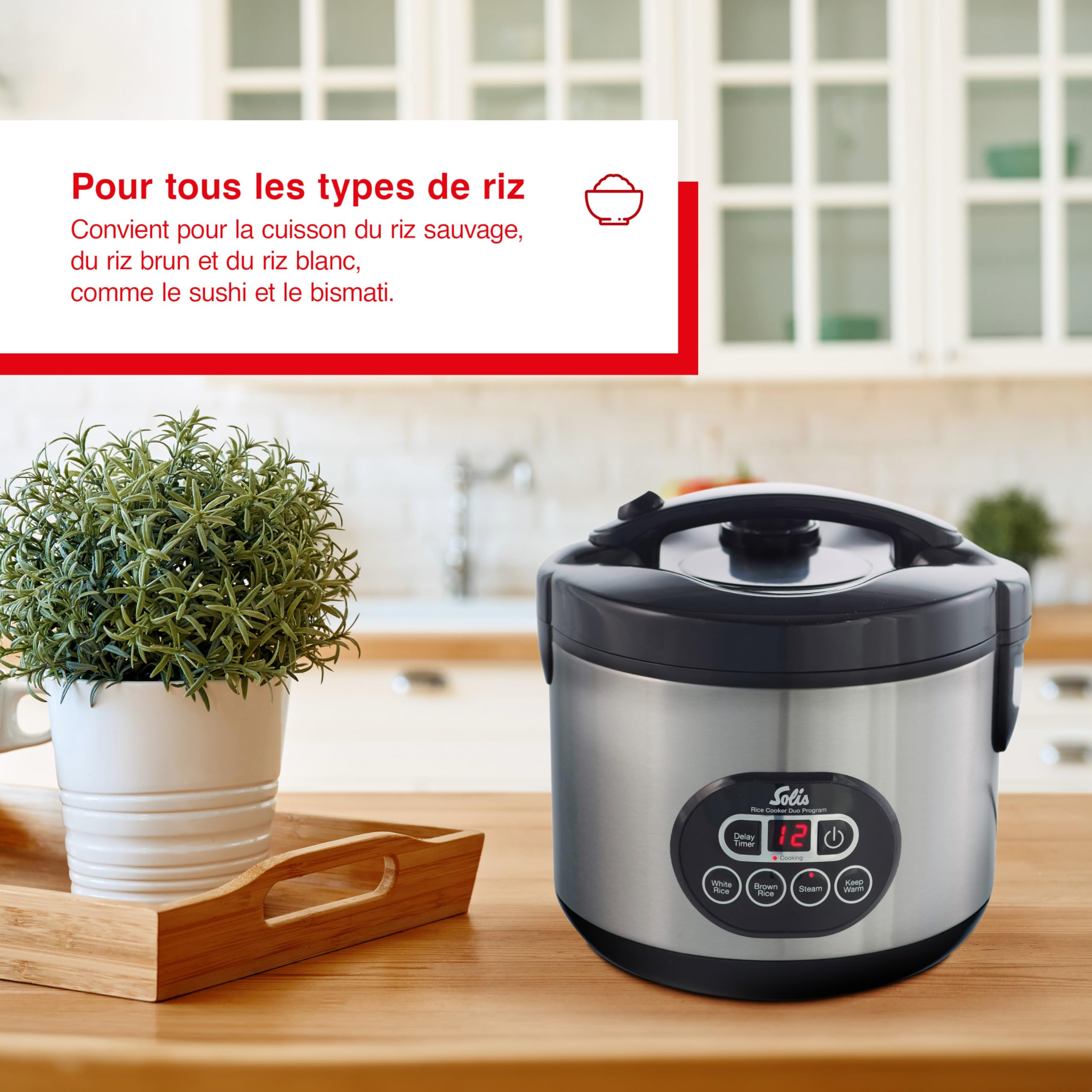 Solis Rice Cooker Duo Program Cuiseur à riz et cuiseur vapeur pour 6 tasses de riz – Convient également pour sushi riz – Minuteur – Fonction maintien au chaud – Avec verre doseur + louche – 1,2 l