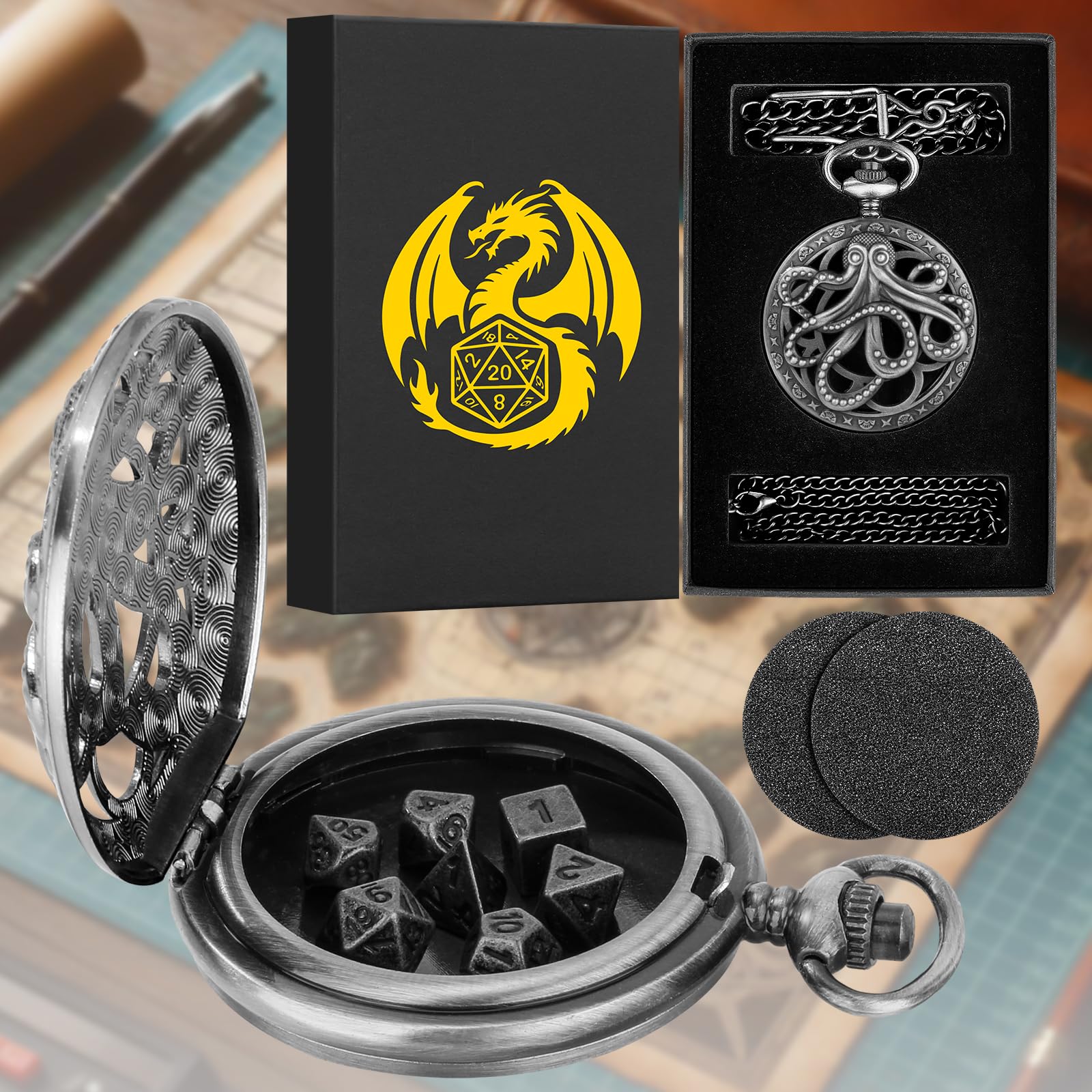 Mini DND Dice Set, Steampunk Hollow Octopus Pocket Watch, 7pcs Polyhedral Metal Dice Set, D&D Gift With Box - Image 2