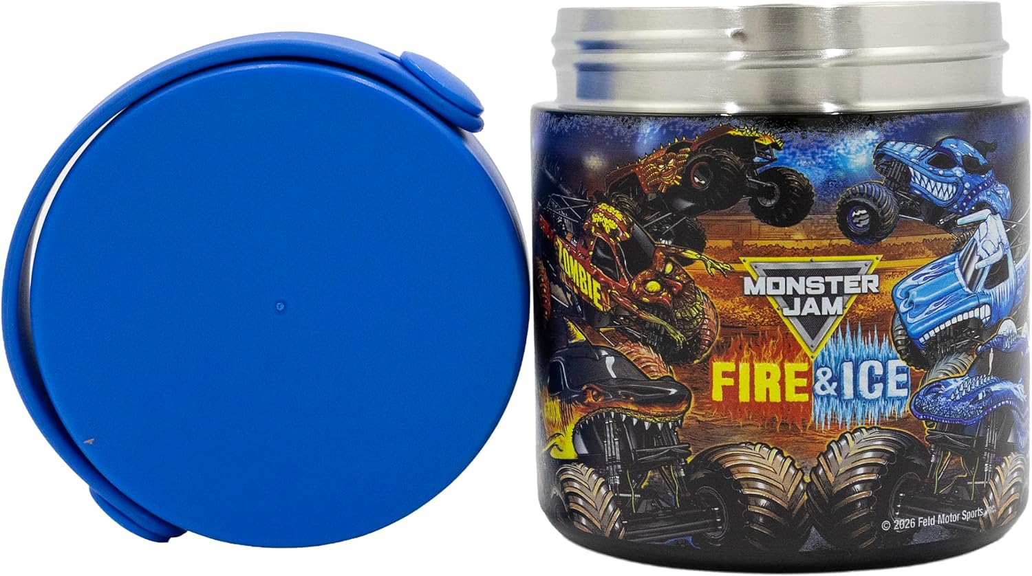 Fast Forward Monster Jam Insulated Food Jar for Boys | 25oz Stainless Steel Thermos with Silicone Handle | Leakproof Hot Cold Fire and Ice Soup Container for Kids | Ages 3+ (Monster Jam)