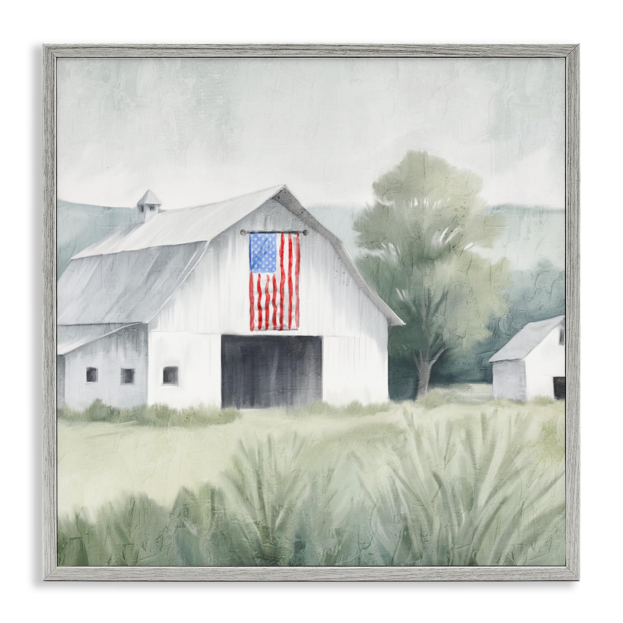 Stupell Industries Patriotic White Barn Landscape 'Home Usa Flag Barn', Framed Giclee Art, Gray, 17 X 17 Inches, Easy To Hang And Sturdy, Made In Usa, By Kim Allen