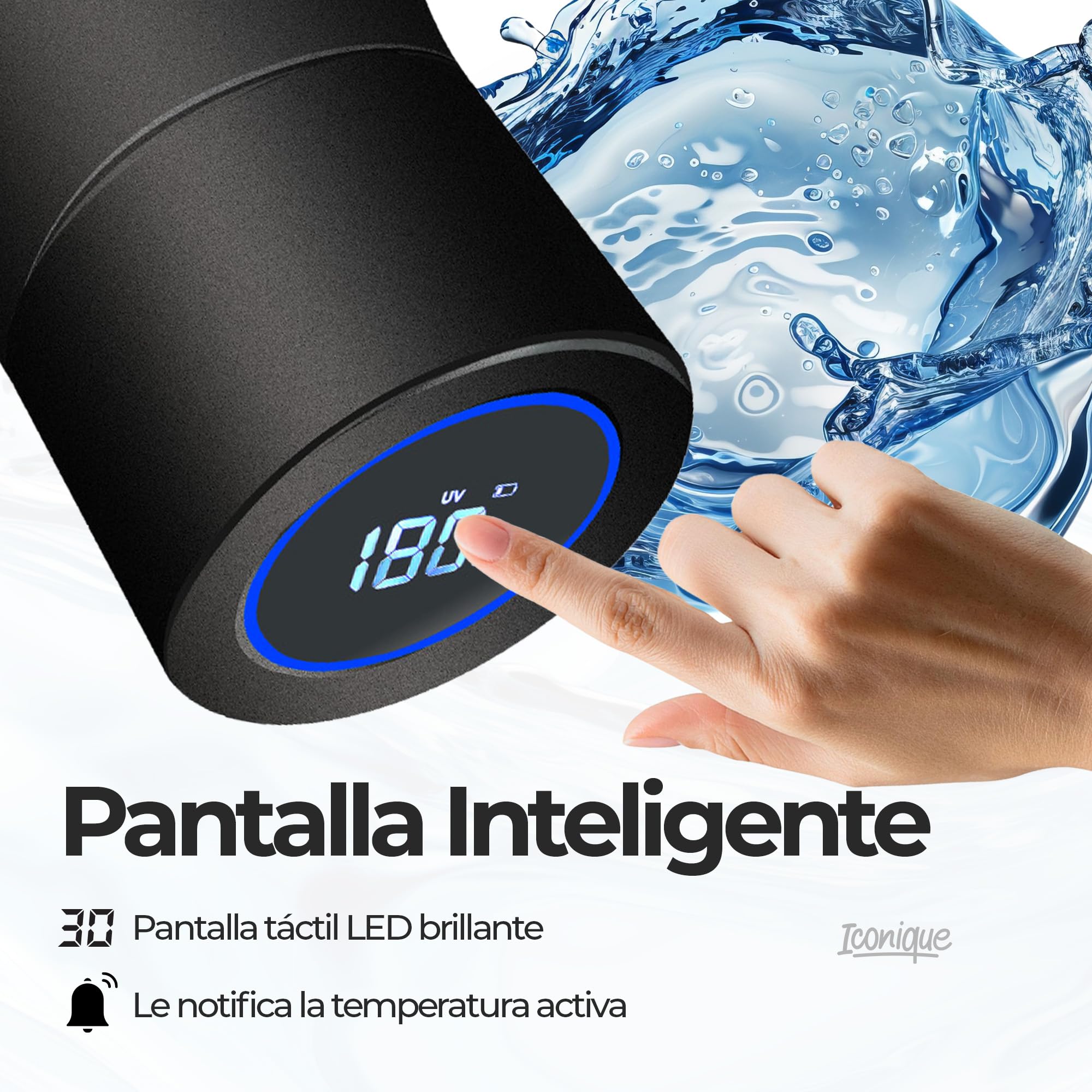 Iconique Botella De Acero Inoxidable Con Filtro UV De | 500ml | Negro | Filtro De Agua Autolimpiante, Tapa Con Indicador De Temperatura LED, Función De Recordatorio Para Beber