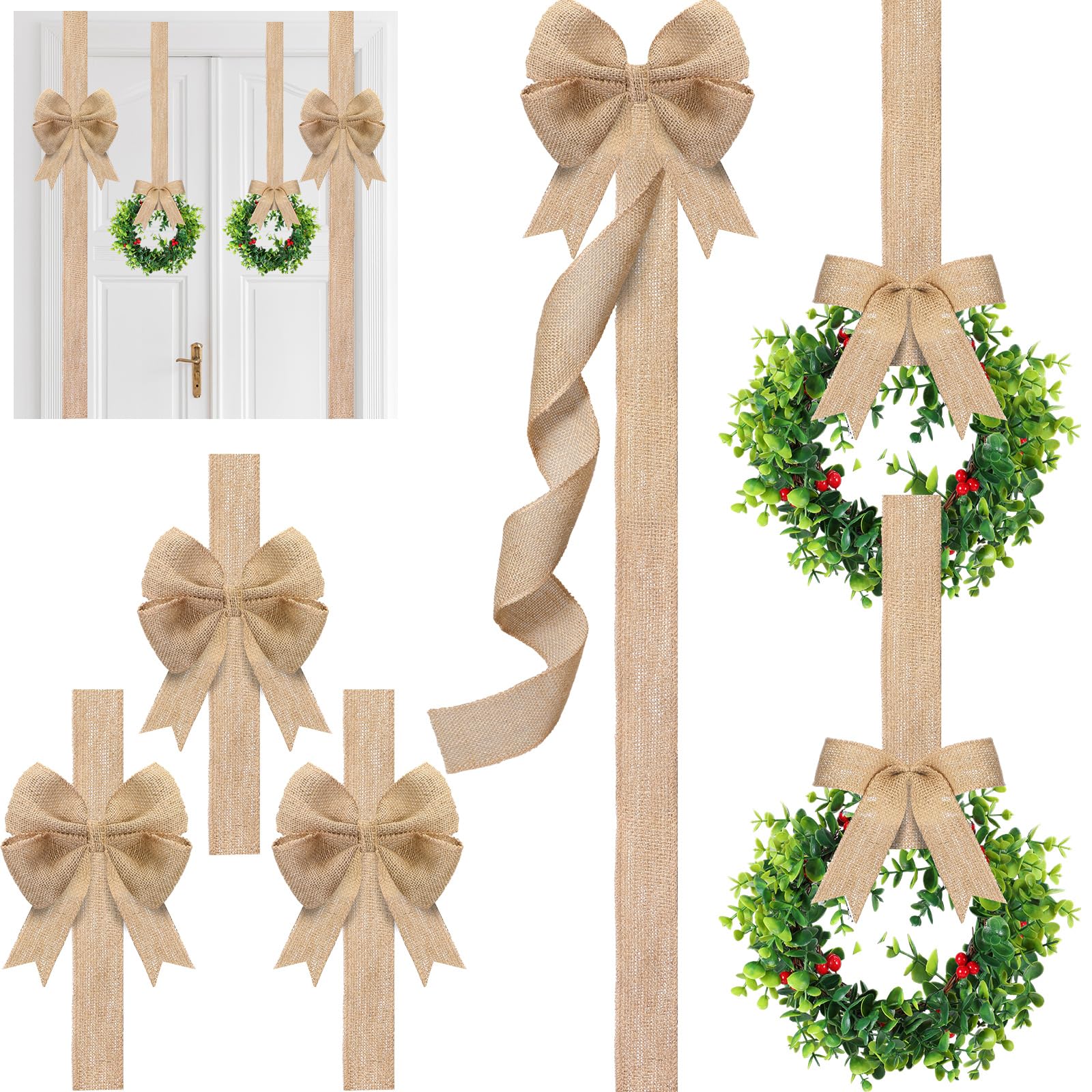 Jexine Lot de 6 décorations de Noël en toile de jute, 4 nœuds en ruban festif et 2 couronnes de Noël à suspendre avec nœud pour Noël et maison