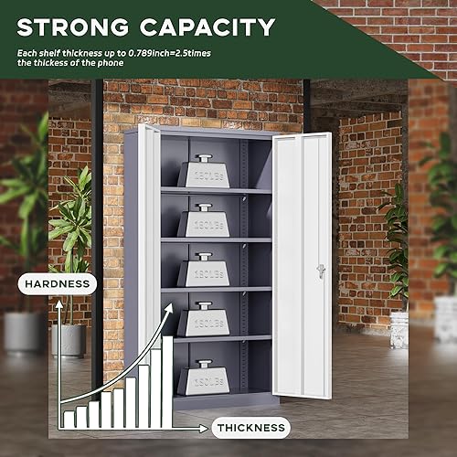 Miniatura 5 de Greenvelly Armario de almacenamiento de metal para garaje, gabinete de metal con bloqueo de 72 pulgadas con 2 puertas y 4 estantes ajustables,