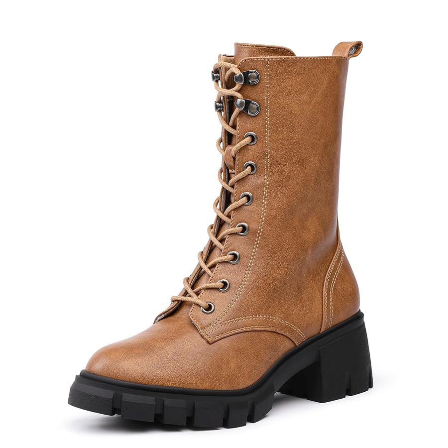 Amazon.com | IDIFU Tan Platform Combat Mid Calf Lace Up