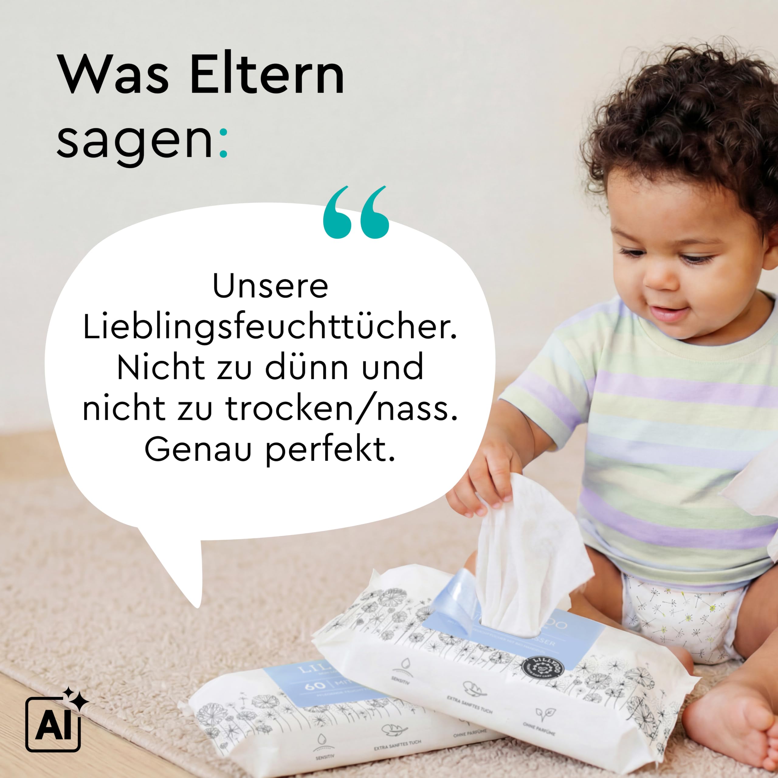 LILLYDOO Baby Feuchttücher mit 99% Wasser, 600 Stück (10 x 60), 100% plastikfreies Tuch, ohne Parfüme & mild wie Watte und Wasser
