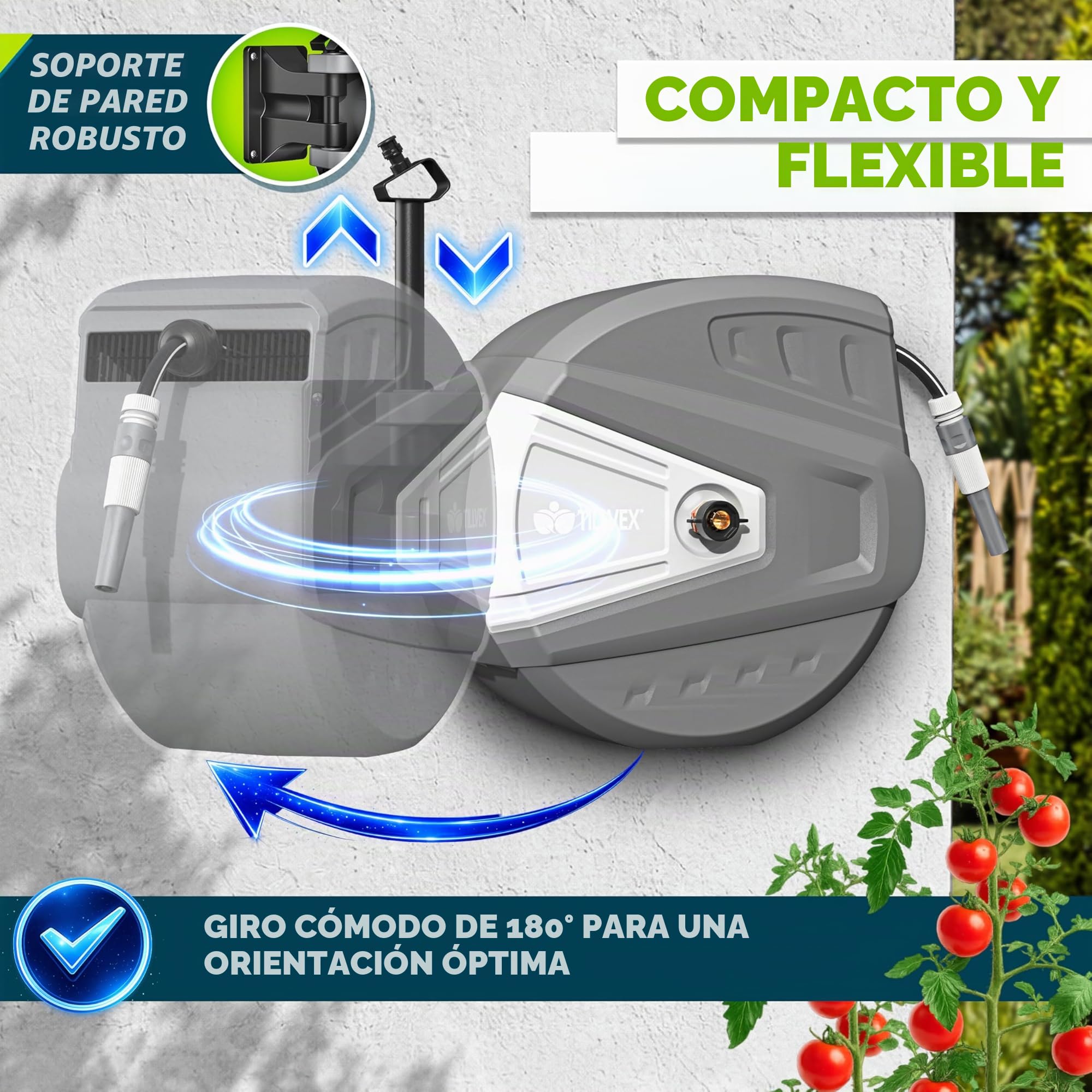 tillvex Carrete para Manguera de agua 20+2m con soporte de pared | Enrollador de manguera con pistola manual y manguera de jardín | Caja de manguera para pared con enrollado automático