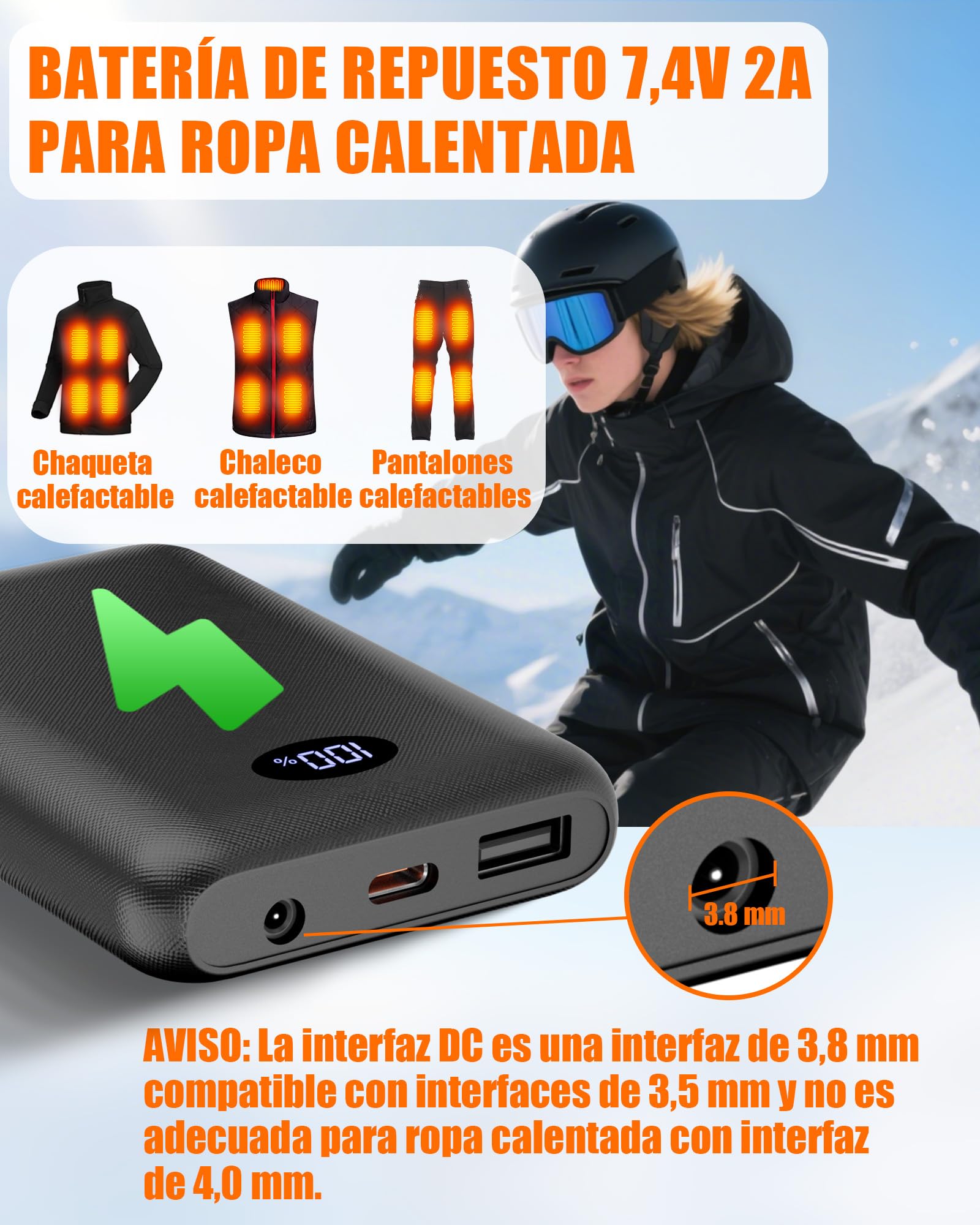 Batterie 7,4 V 2 A 10 000 mAh pour gilet chauffant, veste, manteau, pantalon et sous-vêtements thermiques - Power Bank de rechange pour vêtements chauffants