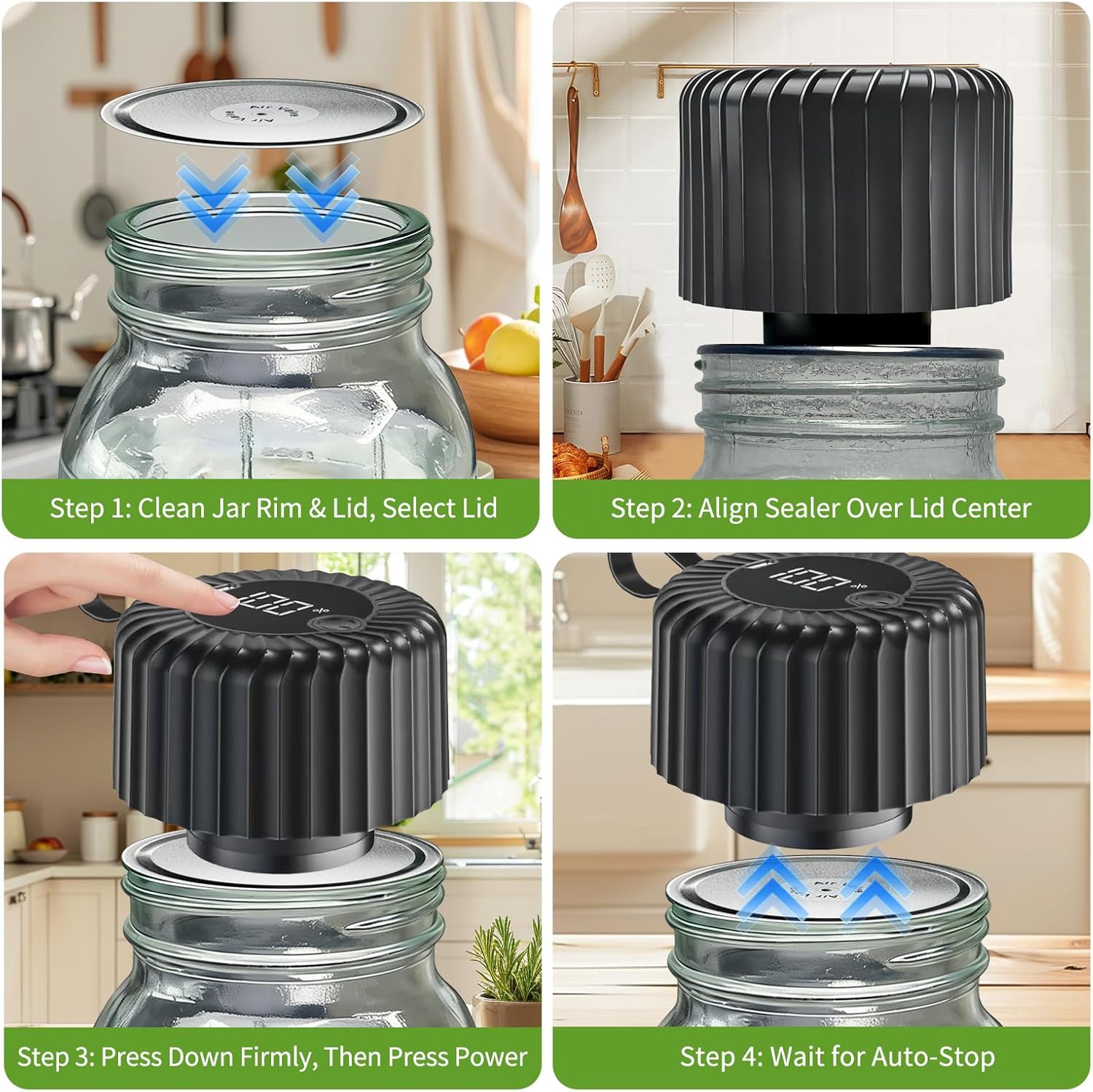 Xinyonxin Electric Mason Jar Vacuum Sealer Kit - Portable One-Touch Automatic Food Sealer for Wide & Regular Jars (Includes 20 Lids, 2 Bags, Opener) (Black)