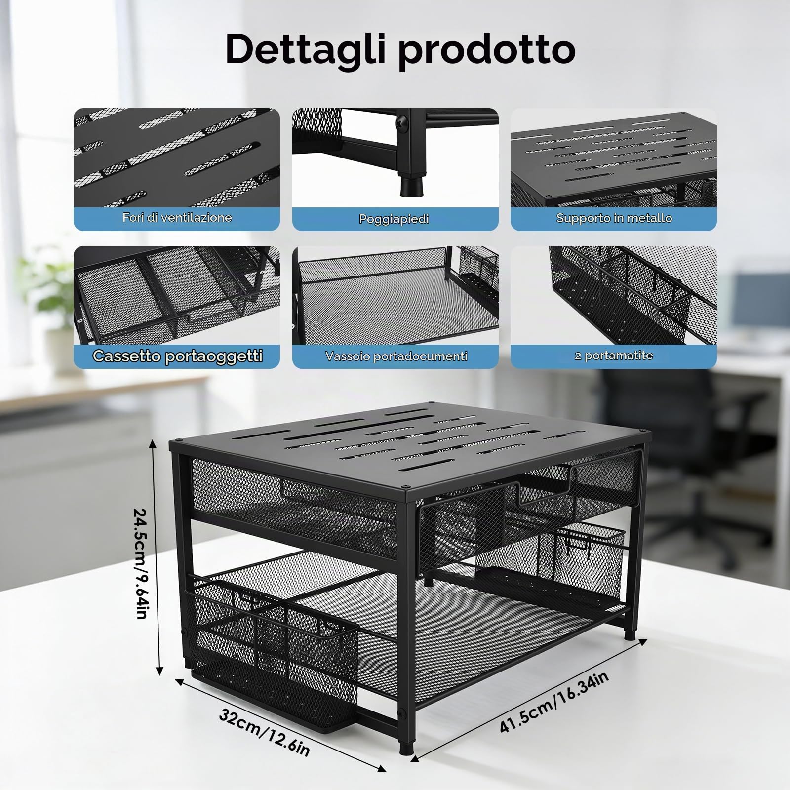 Supporto per monitor, organizer da scrivania in metallo con cassetto e 2 portapenne, rialzo ergonomico per monitor per stampante, laptop e ufficio, espositore a 2 livelli (nero)