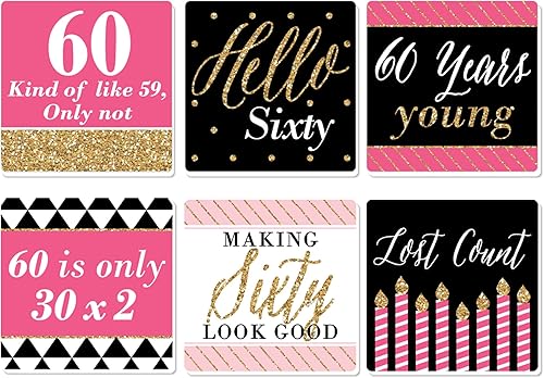 Big Dot of Happiness Chic 60 cumpleaños rosa, negro y dorado Divertidas decoraciones de fiesta de cumpleaños Posavasos Juego de 6