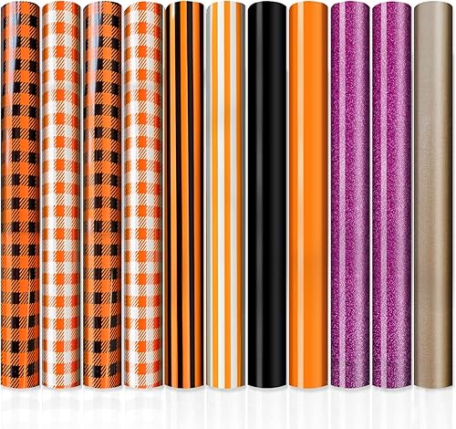 11 hojas de vinilo de transferencia de calor de Halloween, 12 x 10 pulgadas, vinilo de transferencia de calor a cuadros naranjas para otoño, vinilo