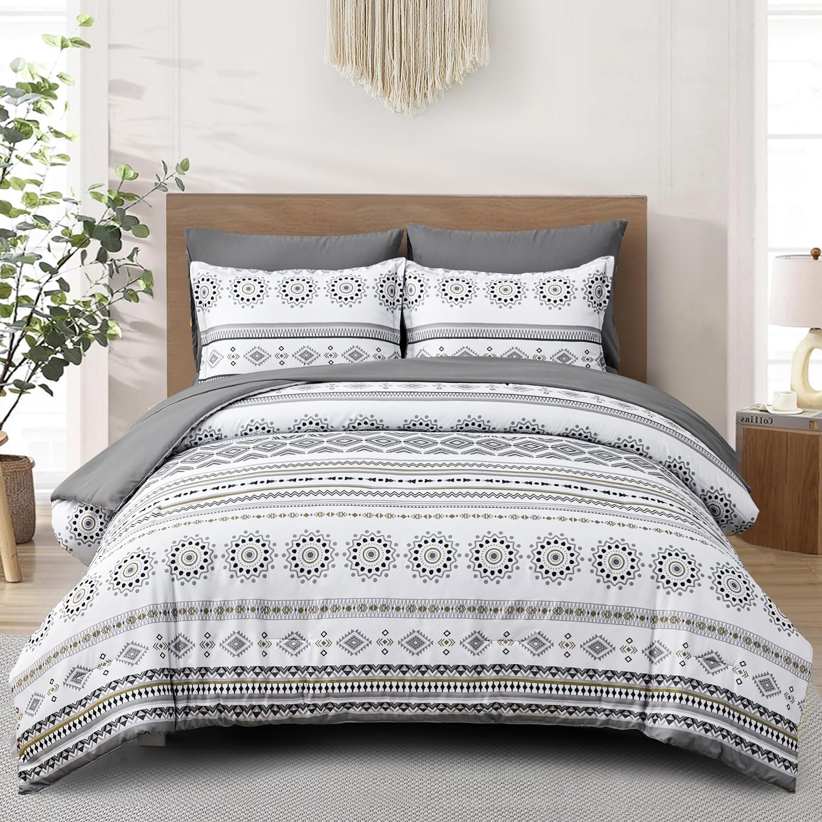 Boho Comforter Set King Size,7 Piece Bed in a Bag Gray Striped Bedding Set,Paisley Floral Comforter and Sheet Set,Soft Microfiber Complete Bedding Sets for All Season